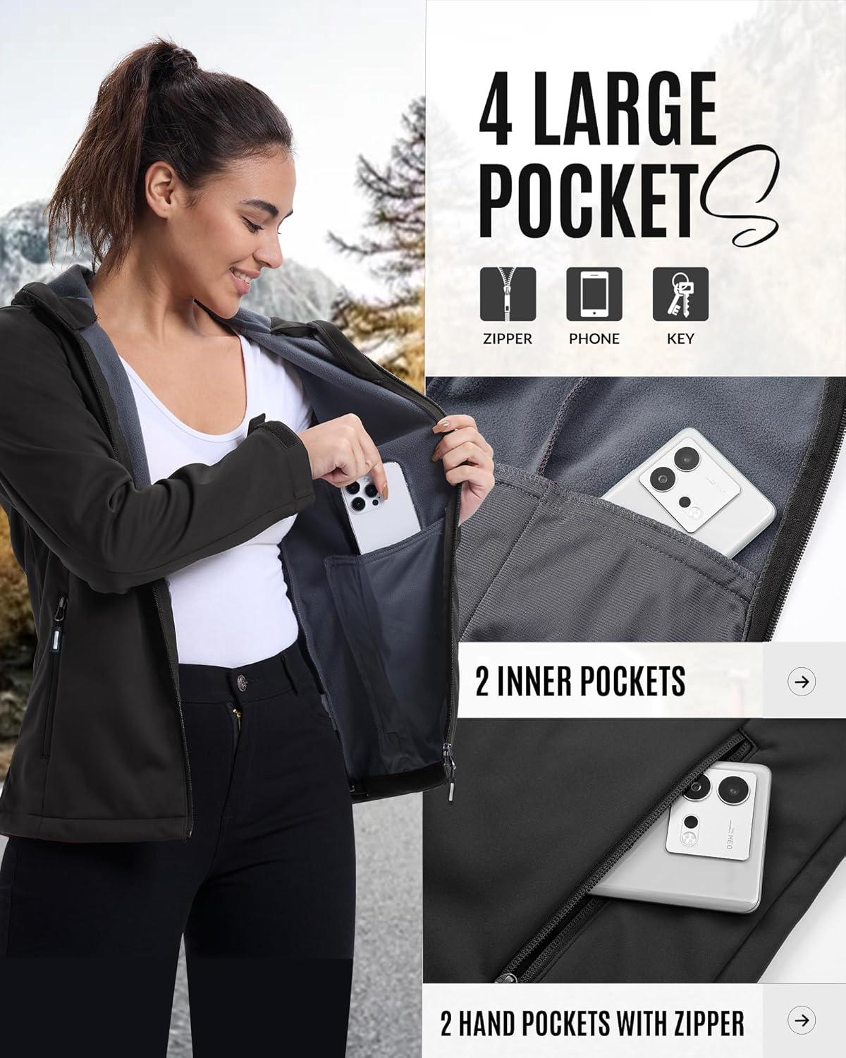 Outdoor Ventures Women’s Softshell Jacket Waterproof Warm Fleece Lined Lightweight Windproof Hooded Insulated Windbreaker(Black)