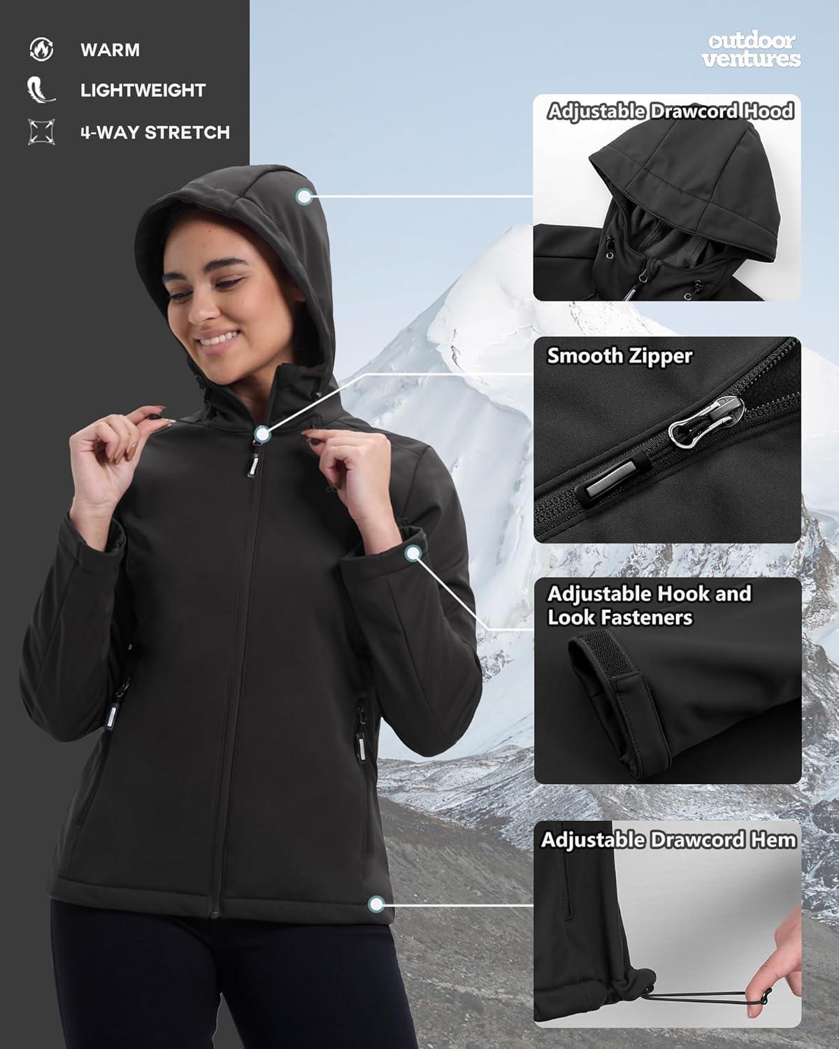 Outdoor Ventures Women’s Softshell Jacket Waterproof Warm Fleece Lined Lightweight Windproof Hooded Insulated Windbreaker(Black)