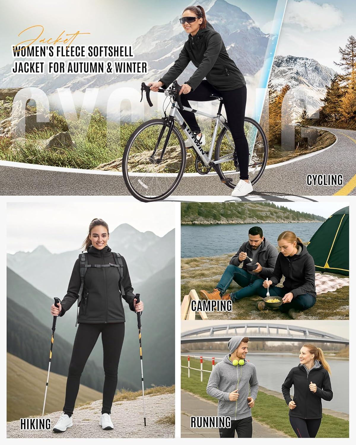 Outdoor Ventures Women’s Softshell Jacket Waterproof Warm Fleece Lined Lightweight Windproof Hooded Insulated Windbreaker(Black)