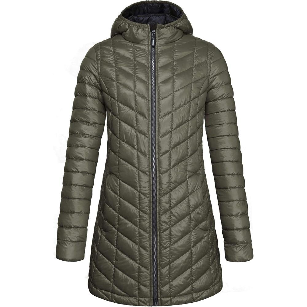 Outdoor Ventures Women’s Maryan Hooded Ultra Lightweight Warm Thermolite Long Puffer Coat(Olive(shiny)-avg.32″ Mid Length)