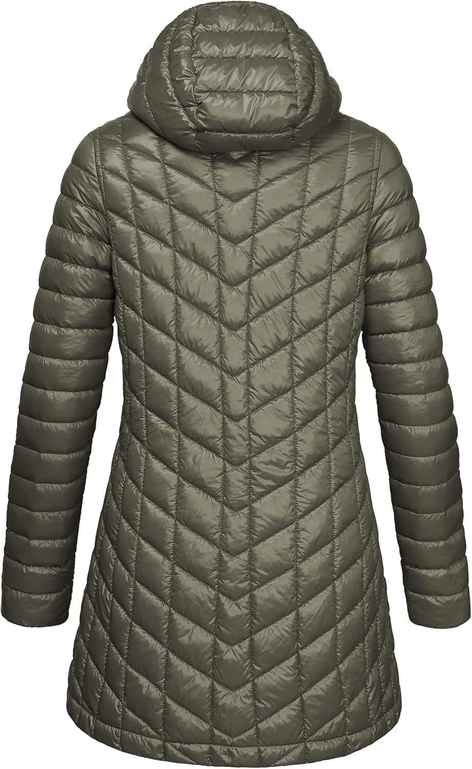 Outdoor Ventures Women’s Maryan Hooded Ultra Lightweight Warm Thermolite Long Puffer Coat(Olive(shiny)-avg.32″ Mid Length)