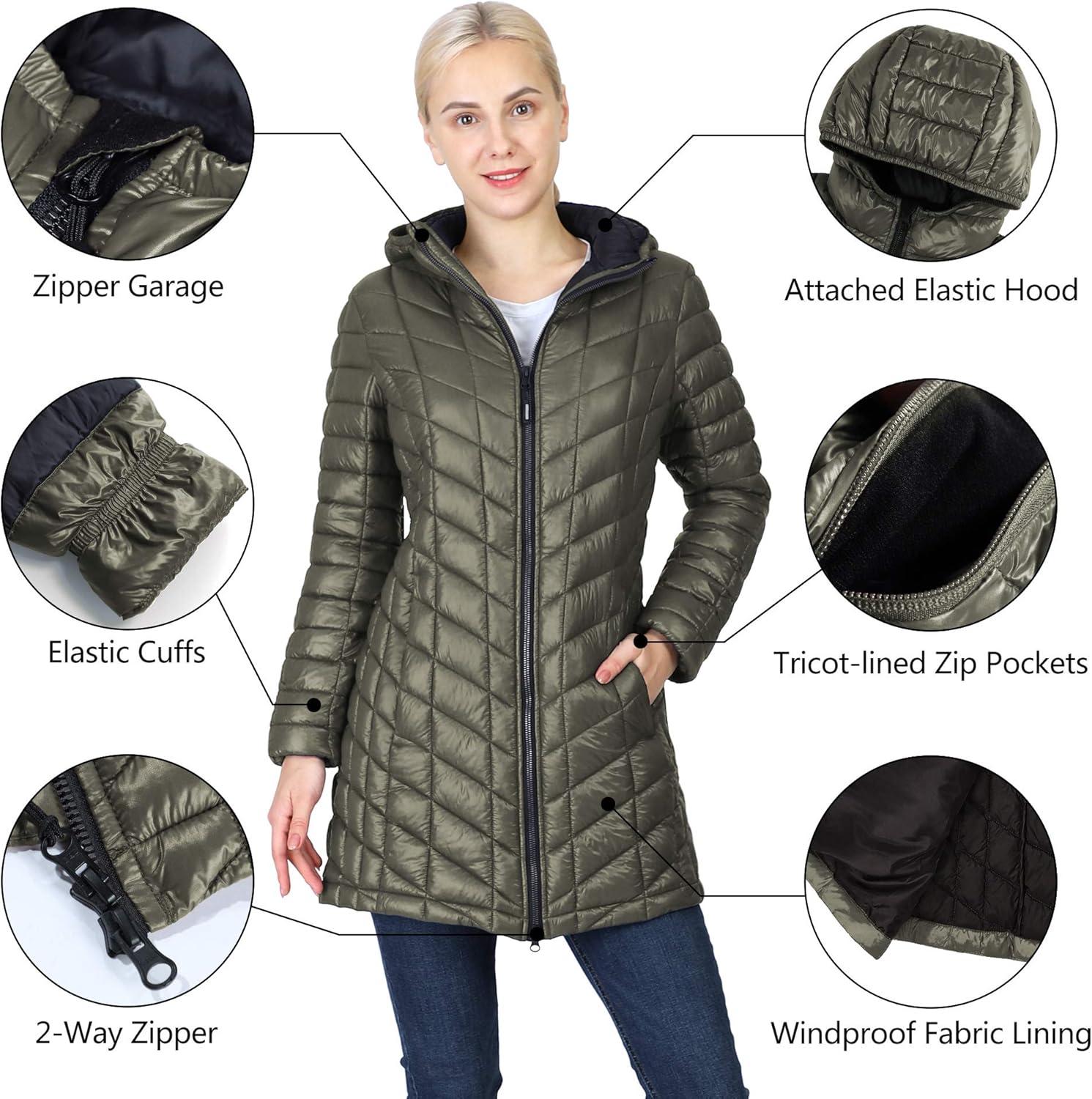 Outdoor Ventures Women’s Maryan Hooded Ultra Lightweight Warm Thermolite Long Puffer Coat(Olive(shiny)-avg.32″ Mid Length)