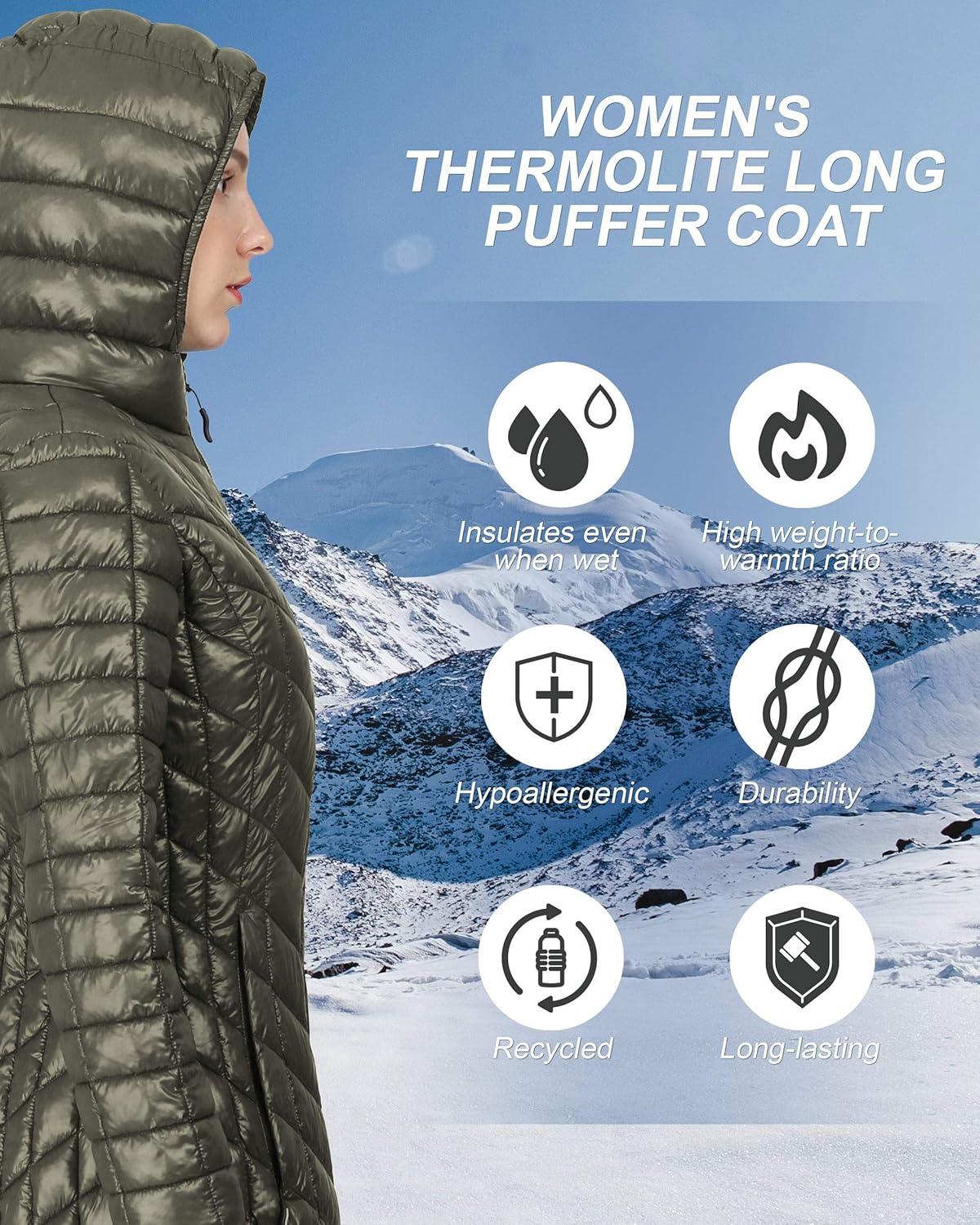 Outdoor Ventures Women’s Maryan Hooded Ultra Lightweight Warm Thermolite Long Puffer Coat(Olive(shiny)-avg.32″ Mid Length)
