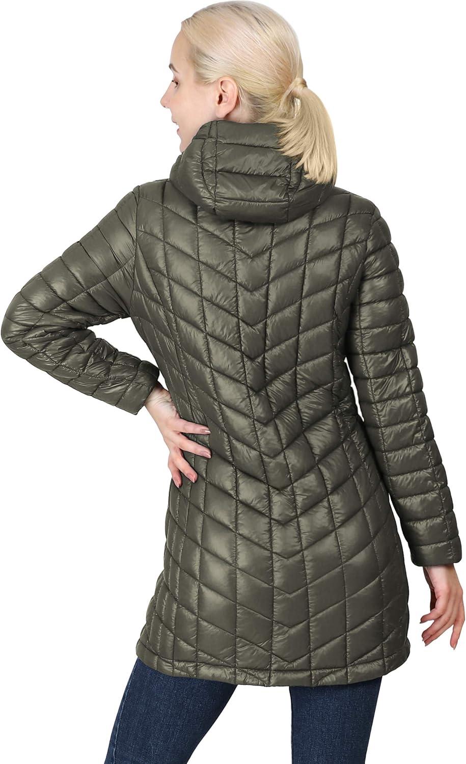 Outdoor Ventures Women’s Maryan Hooded Ultra Lightweight Warm Thermolite Long Puffer Coat(Olive(shiny)-avg.32″ Mid Length)