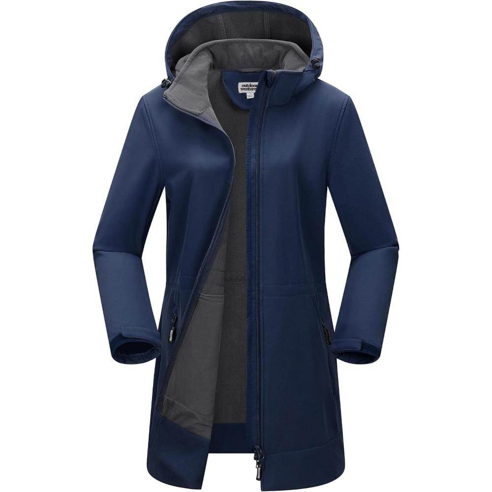 Outdoor Ventures Women’s Softshell Jacket with Removable Hood Fleece Lined Windbreaker Insulated Long Warm Rain Jacket(Blue)