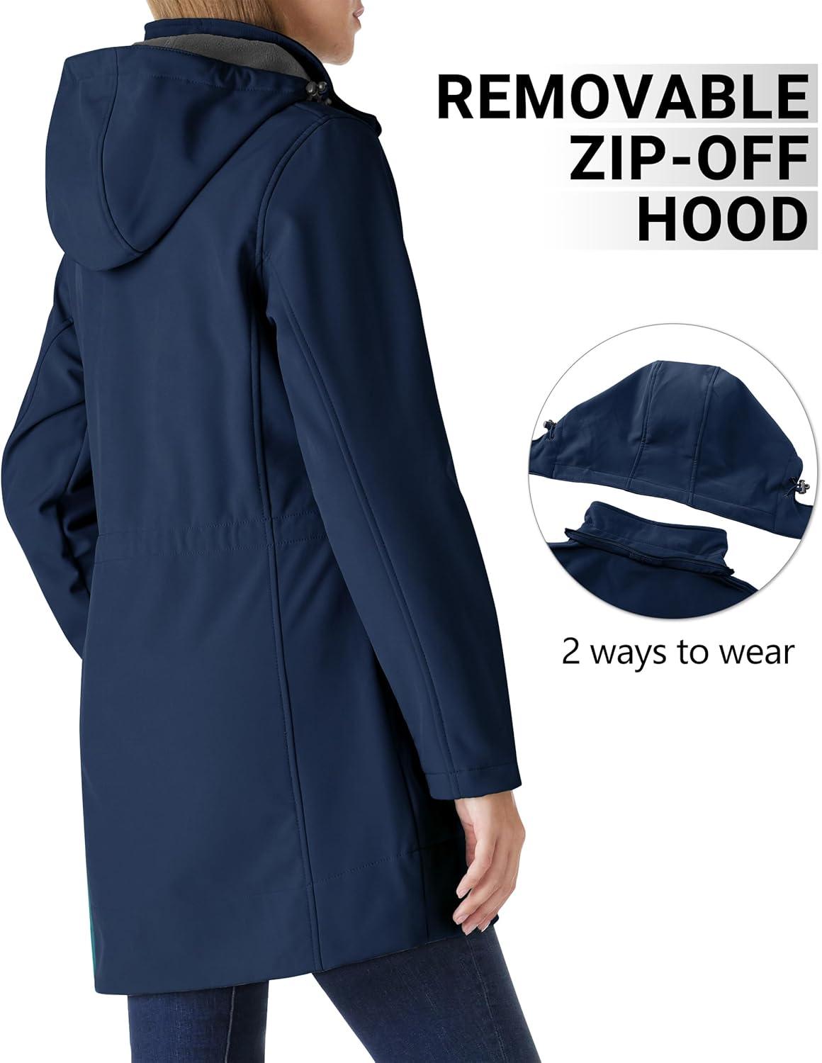 Outdoor Ventures Women’s Softshell Jacket with Removable Hood Fleece Lined Windbreaker Insulated Long Warm Rain Jacket(Blue)