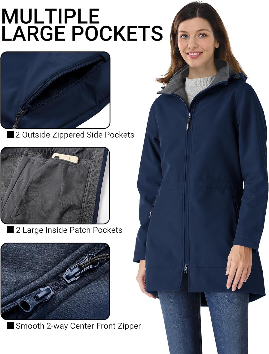 Outdoor Ventures Women’s Softshell Jacket with Removable Hood Fleece Lined Windbreaker Insulated Long Warm Rain Jacket(Blue)