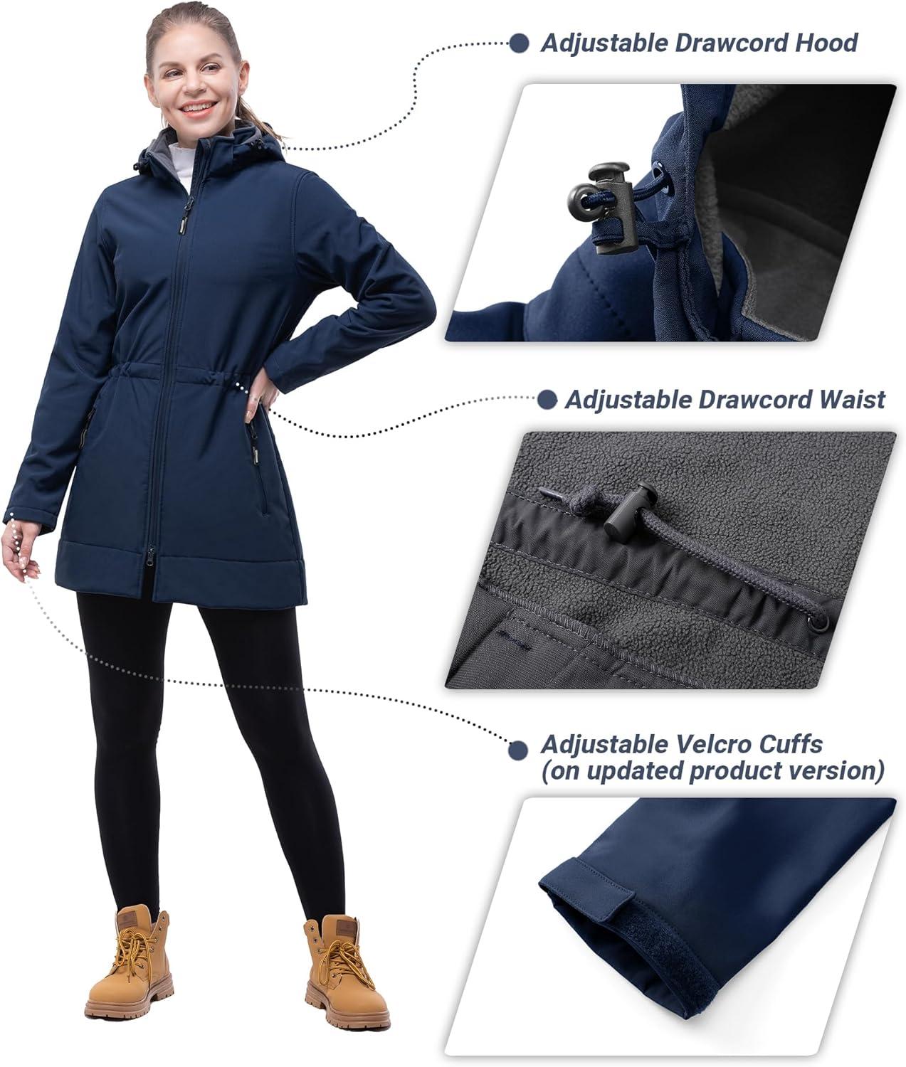 Outdoor Ventures Women’s Softshell Jacket with Removable Hood Fleece Lined Windbreaker Insulated Long Warm Rain Jacket(Blue)