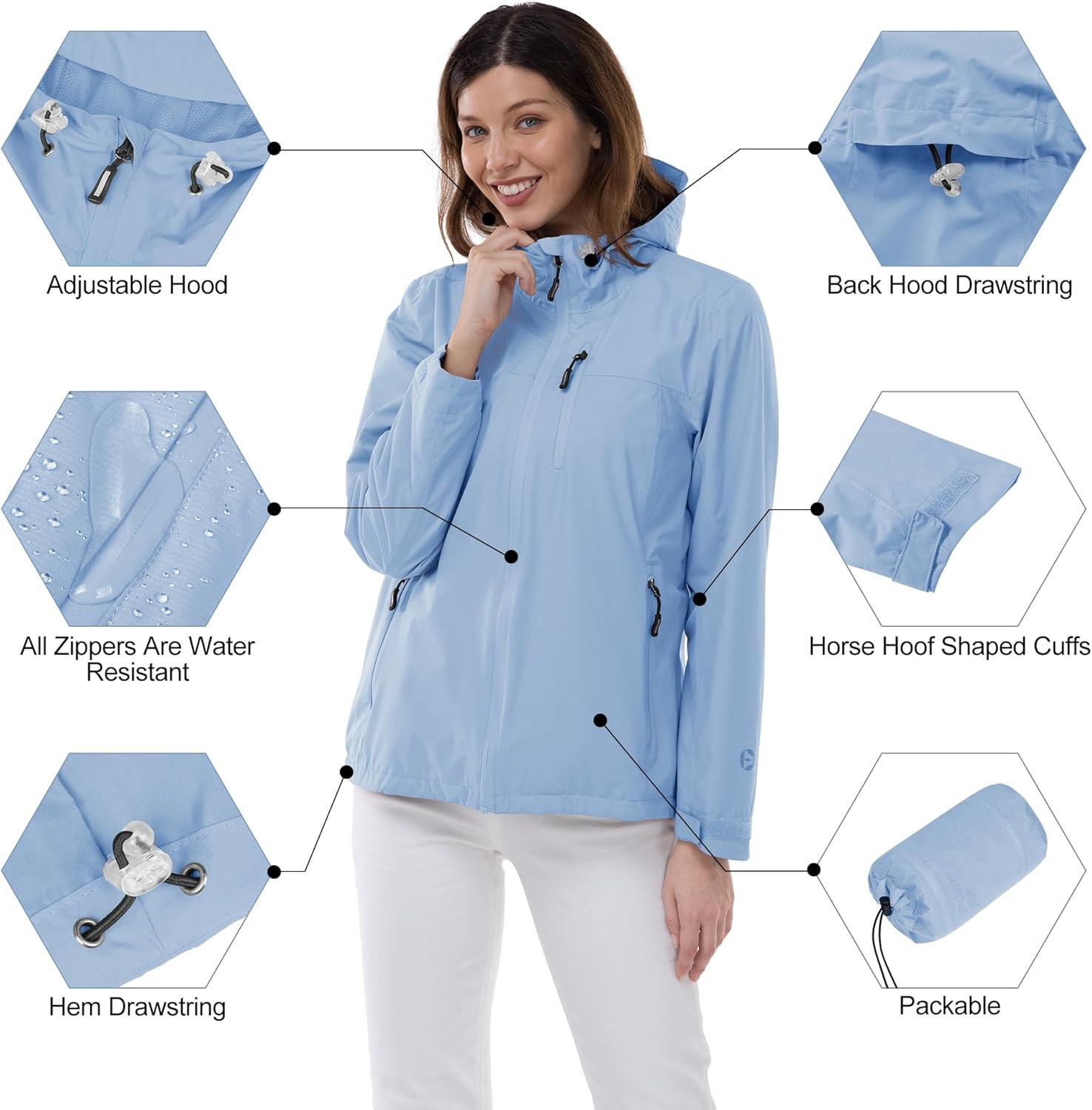 Outdoor Ventures Packable Rain Jacket Women Lightweight Waterproof Raincoat with Hood Cycling Bike Jacket(Flog Blue)