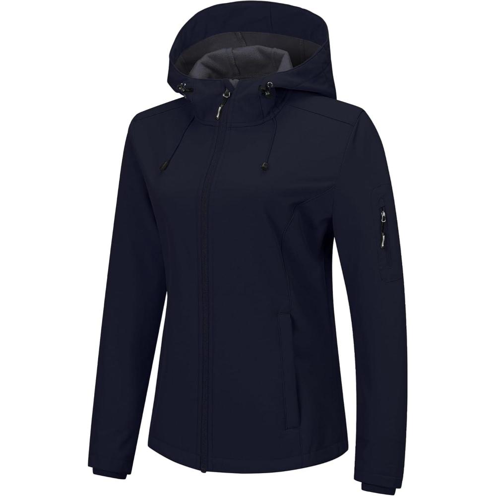 Outdoor Ventures Women’s Softshell Jacket with Hood Fleece Lined Warm Lightweight Waterproof Insulated Windbreaker(Deep Blue)