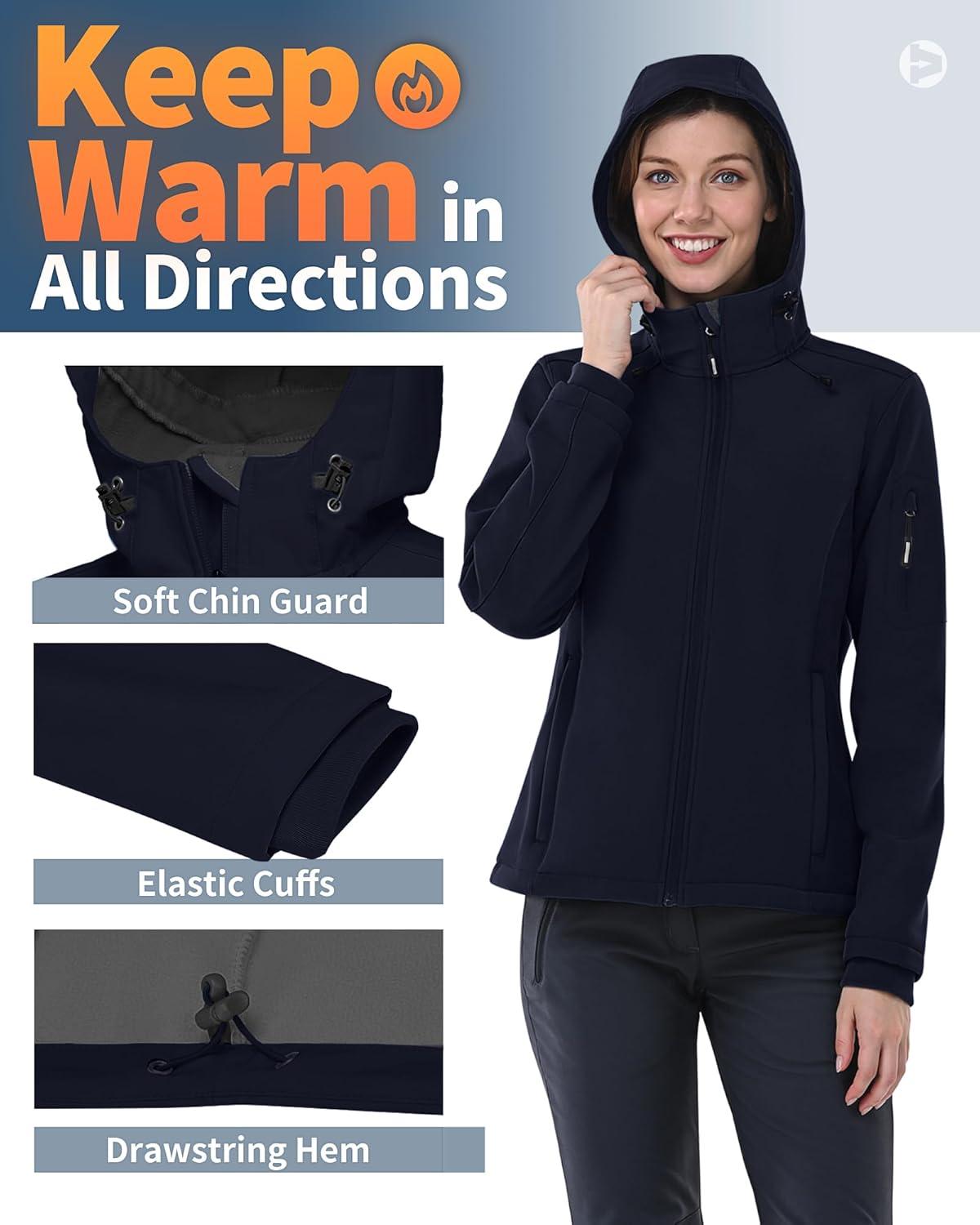 Outdoor Ventures Women’s Softshell Jacket with Hood Fleece Lined Warm Lightweight Waterproof Insulated Windbreaker(Deep Blue)