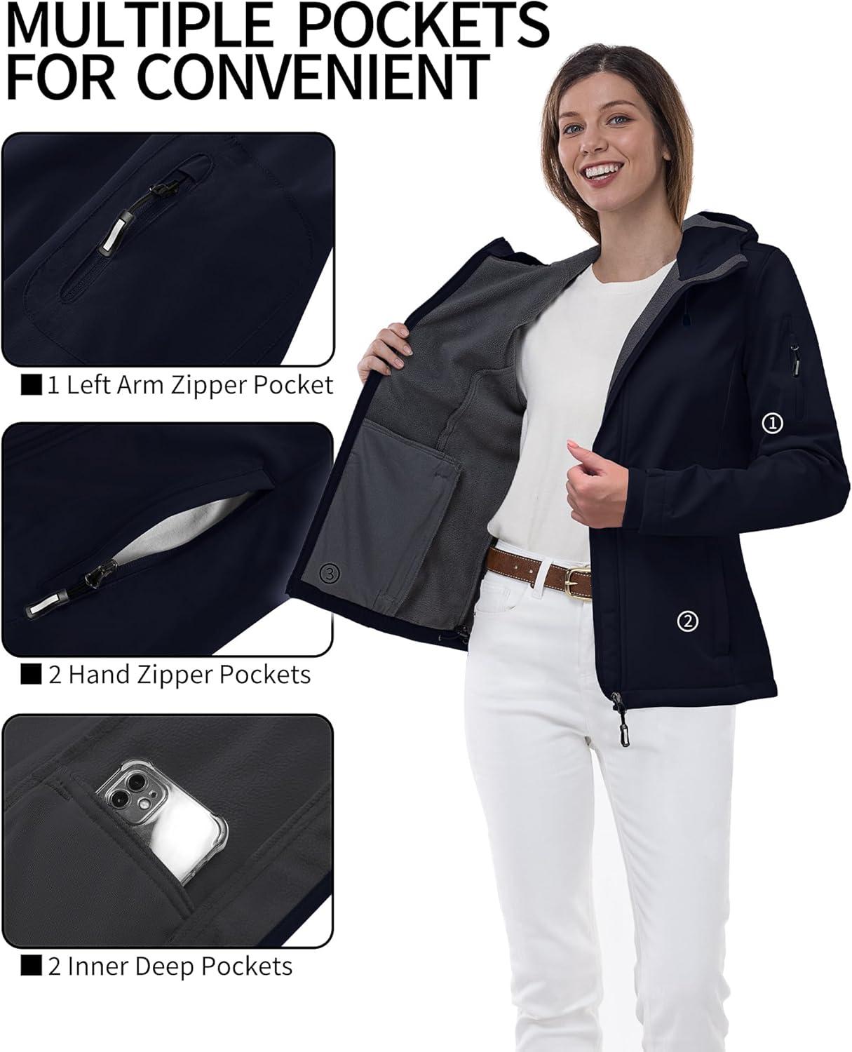 Outdoor Ventures Women’s Softshell Jacket with Hood Fleece Lined Warm Lightweight Waterproof Insulated Windbreaker(Deep Blue)
