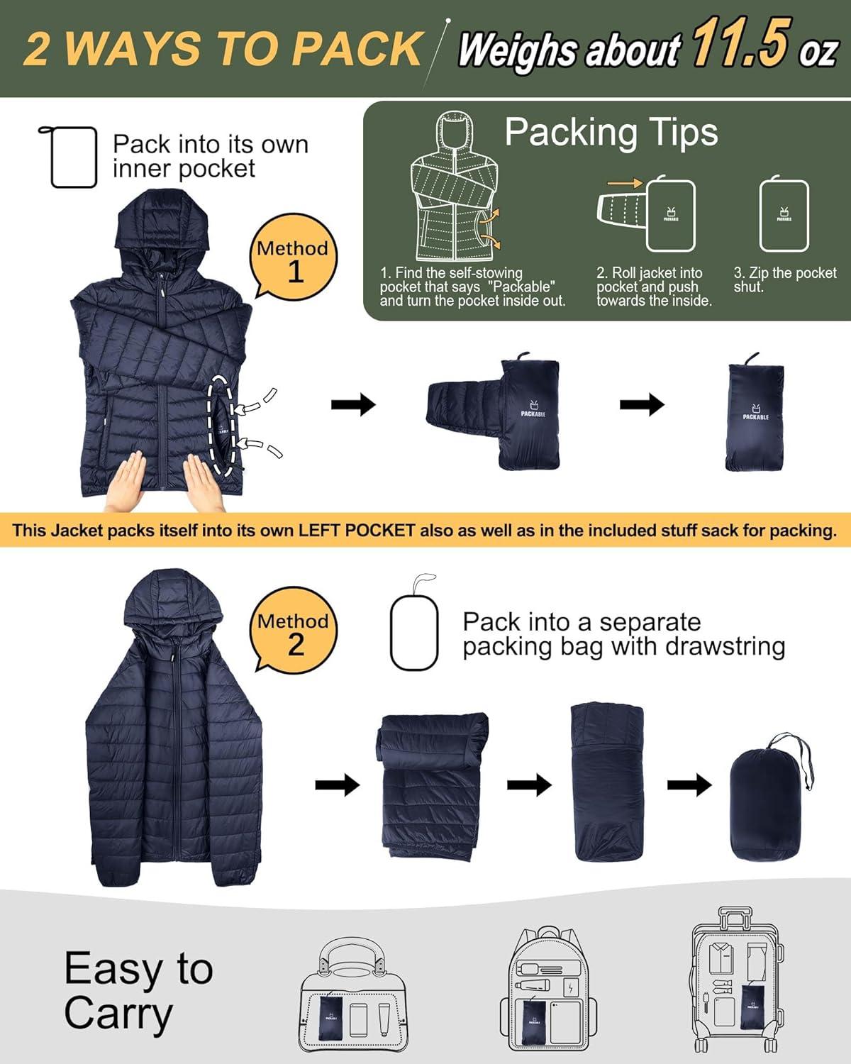 Outdoor Ventures Women’s Packable Lightweight Full-Zip Puffer Jacket with Hood Quilted Winter Coat(Deep Blue(fold in Pocket))