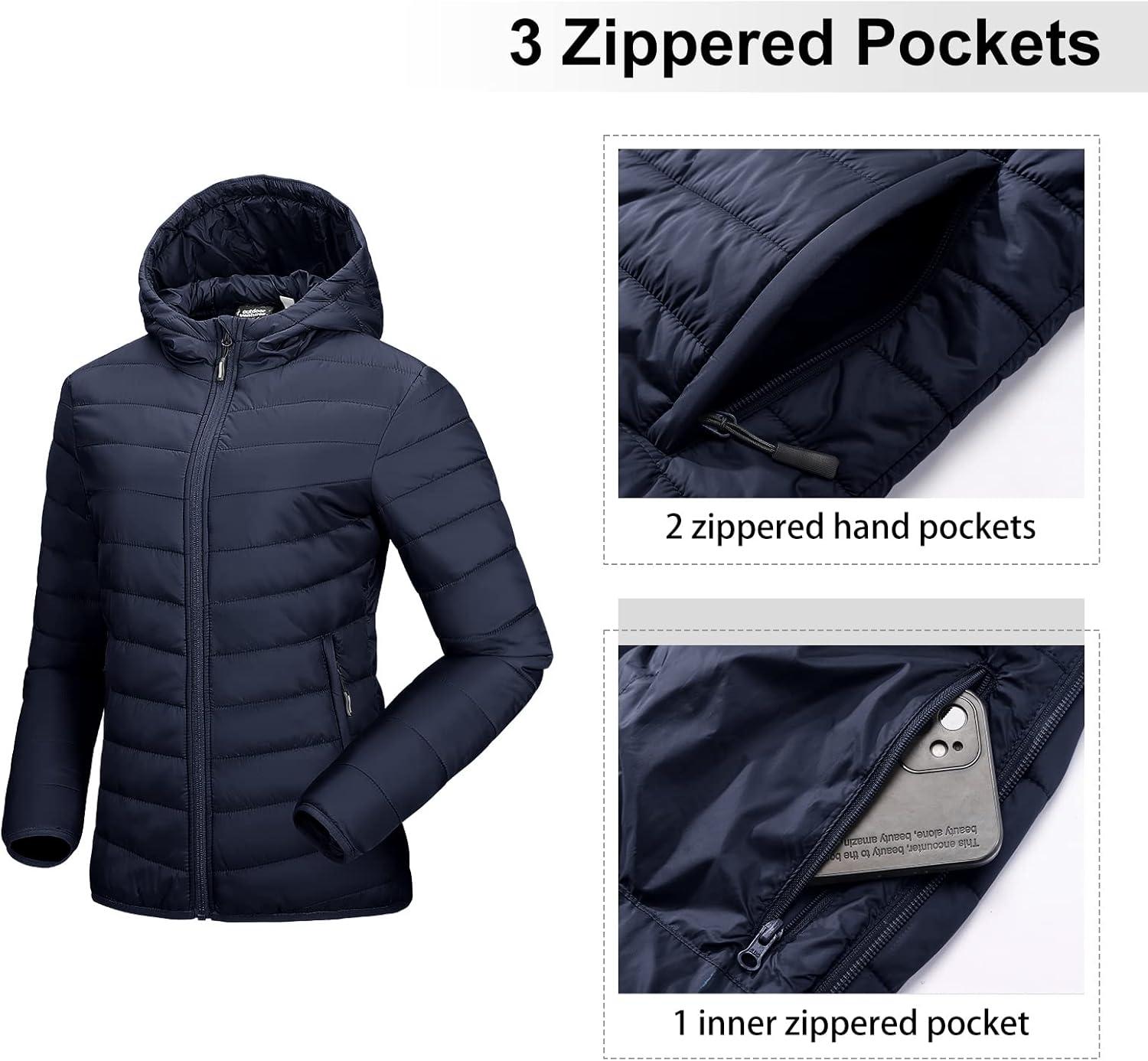 Outdoor Ventures Women’s Packable Lightweight Full-Zip Puffer Jacket with Hood Quilted Winter Coat(Deep Blue(fold in Pocket))