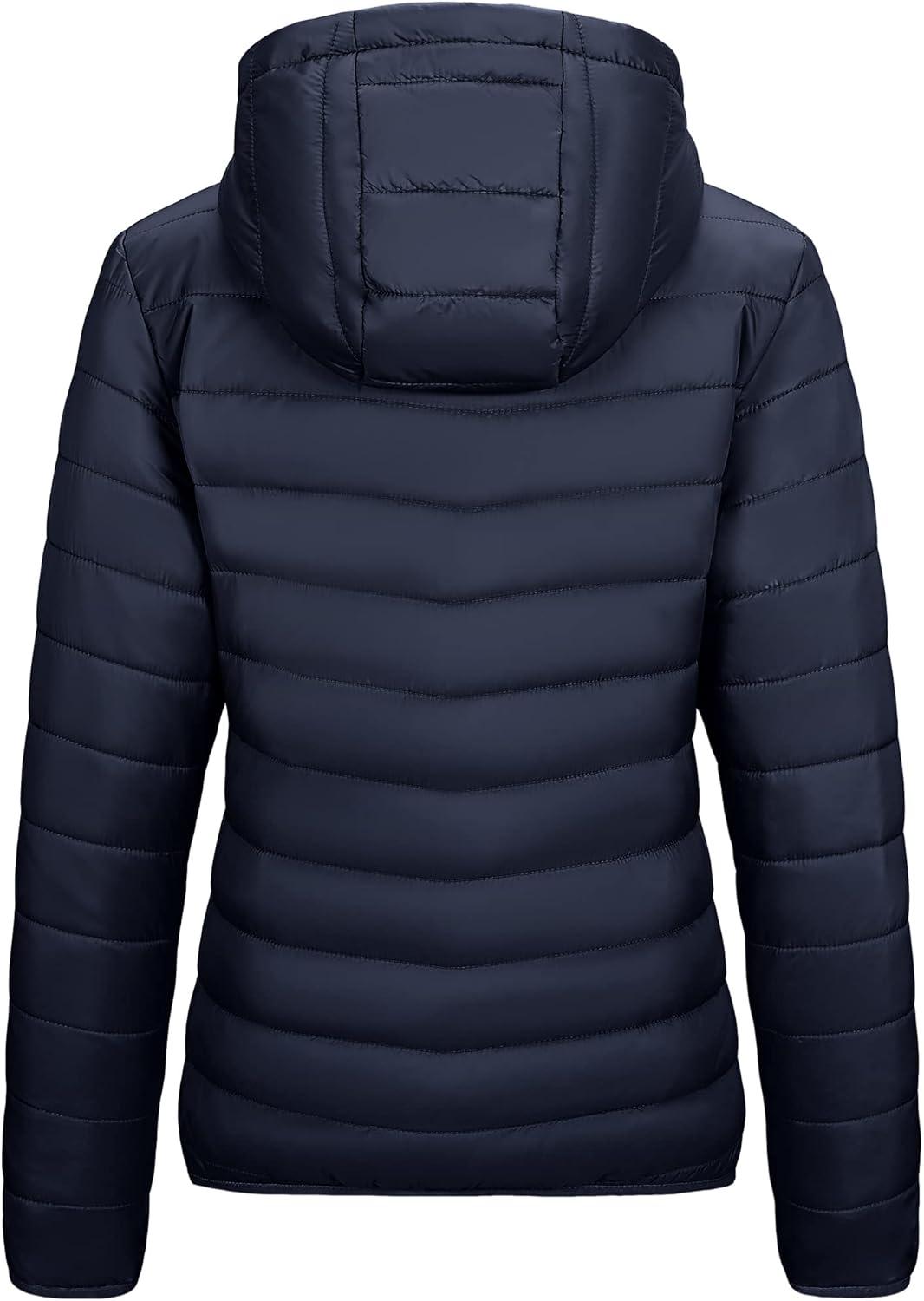 Outdoor Ventures Women’s Packable Lightweight Full-Zip Puffer Jacket with Hood Quilted Winter Coat(Deep Blue(fold in Pocket))