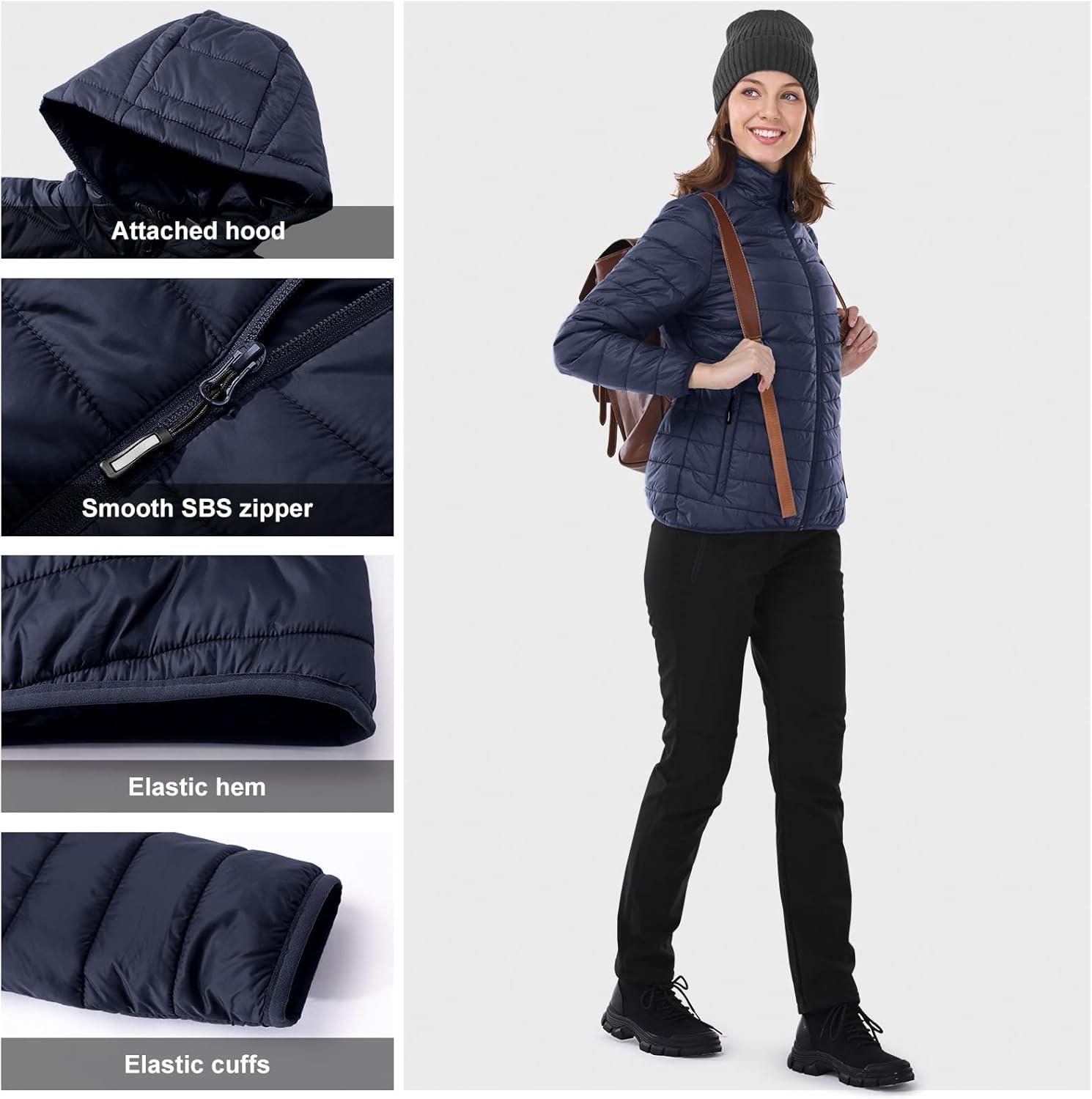 Outdoor Ventures Women’s Packable Lightweight Full-Zip Puffer Jacket with Hood Quilted Winter Coat(Deep Blue(fold in Pocket))