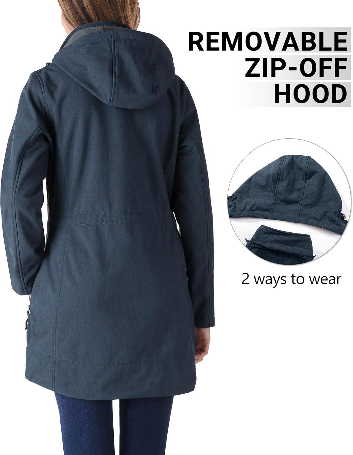 Outdoor Ventures Women’s Softshell Jacket with Removable Hood Fleece Lined Windbreaker Insulated Long Warm Rain Jacket(Navy Heather)