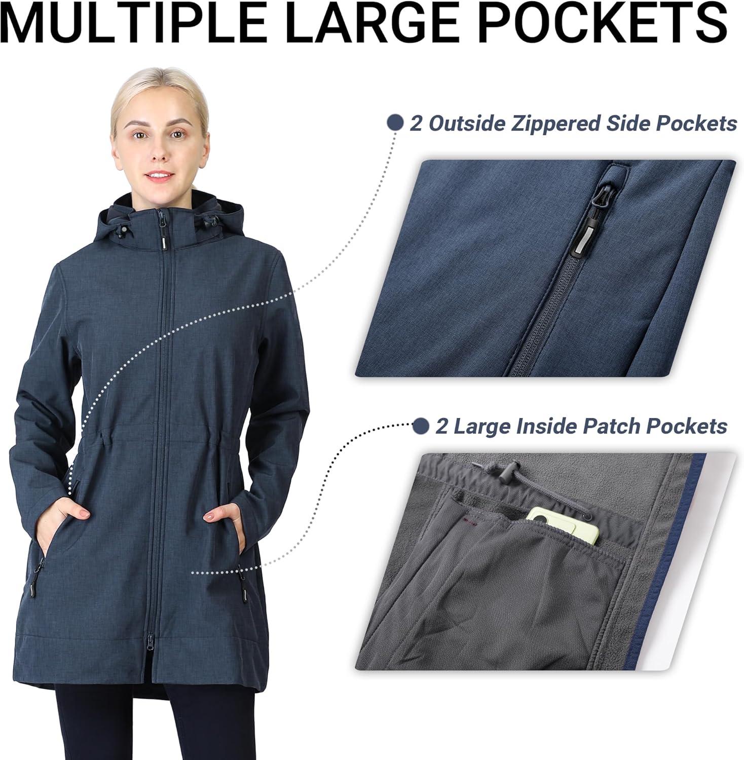 Outdoor Ventures Women’s Softshell Jacket with Removable Hood Fleece Lined Windbreaker Insulated Long Warm Rain Jacket(Navy Heather)