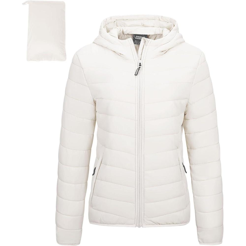 Outdoor Ventures Women’s Packable Lightweight Full-Zip Puffer Jacket with Hood Quilted Winter Coat(Cream(fold in Pocket))