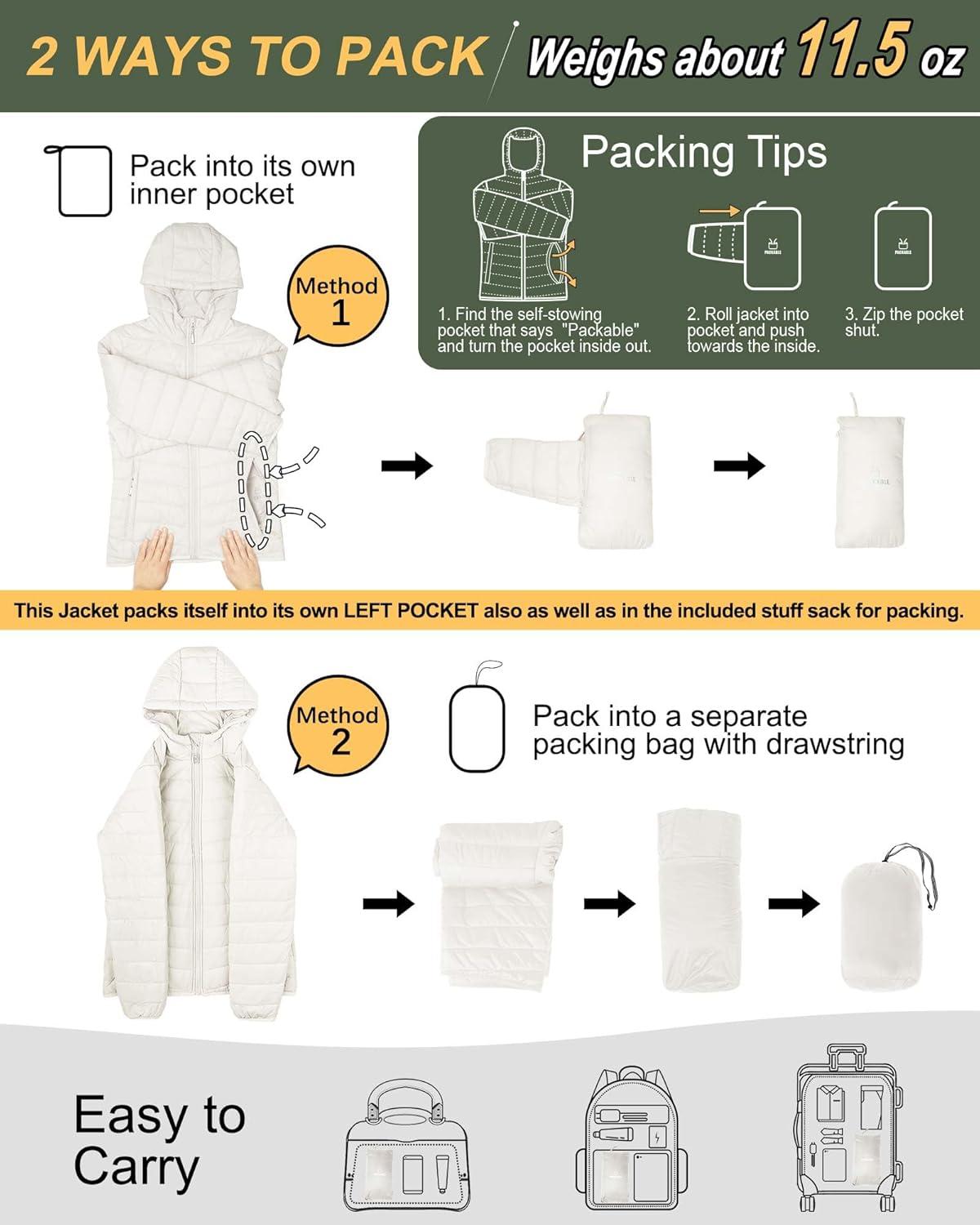 Outdoor Ventures Women’s Packable Lightweight Full-Zip Puffer Jacket with Hood Quilted Winter Coat(Cream(fold in Pocket))