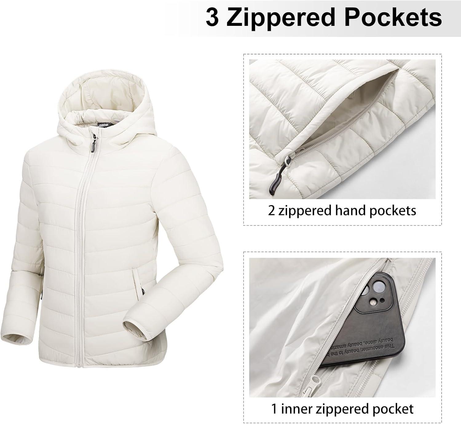 Outdoor Ventures Women’s Packable Lightweight Full-Zip Puffer Jacket with Hood Quilted Winter Coat(Cream(fold in Pocket))