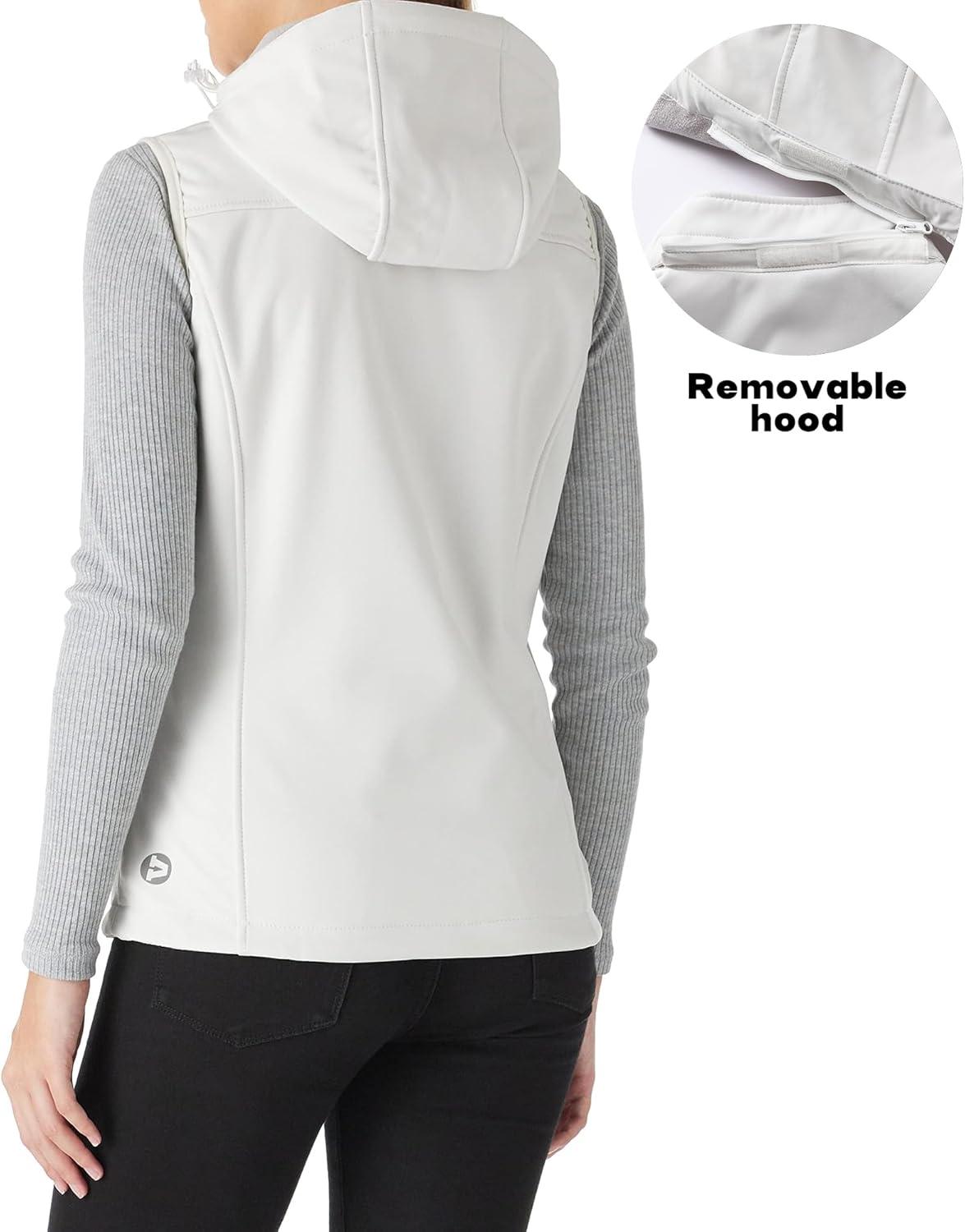 Outdoor Ventures Women’s Hooded Lightweight Softshell Vest, Windproof Fleece Lined Sleeveless Jacket for Golf Running Travel(Ivory)