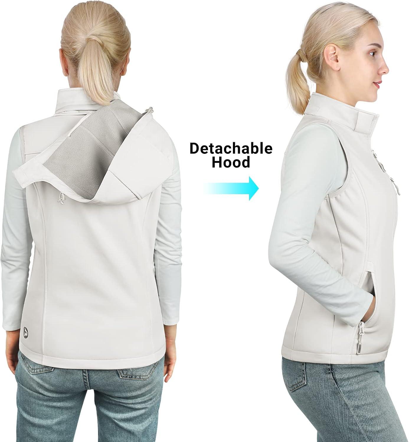 Outdoor Ventures Women’s Hooded Lightweight Softshell Vest, Windproof Fleece Lined Sleeveless Jacket for Golf Running Travel(Ivory)