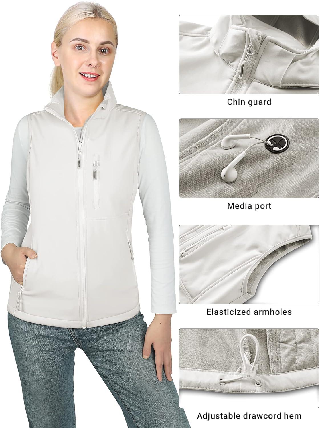 Outdoor Ventures Women’s Hooded Lightweight Softshell Vest, Windproof Fleece Lined Sleeveless Jacket for Golf Running Travel(Ivory)