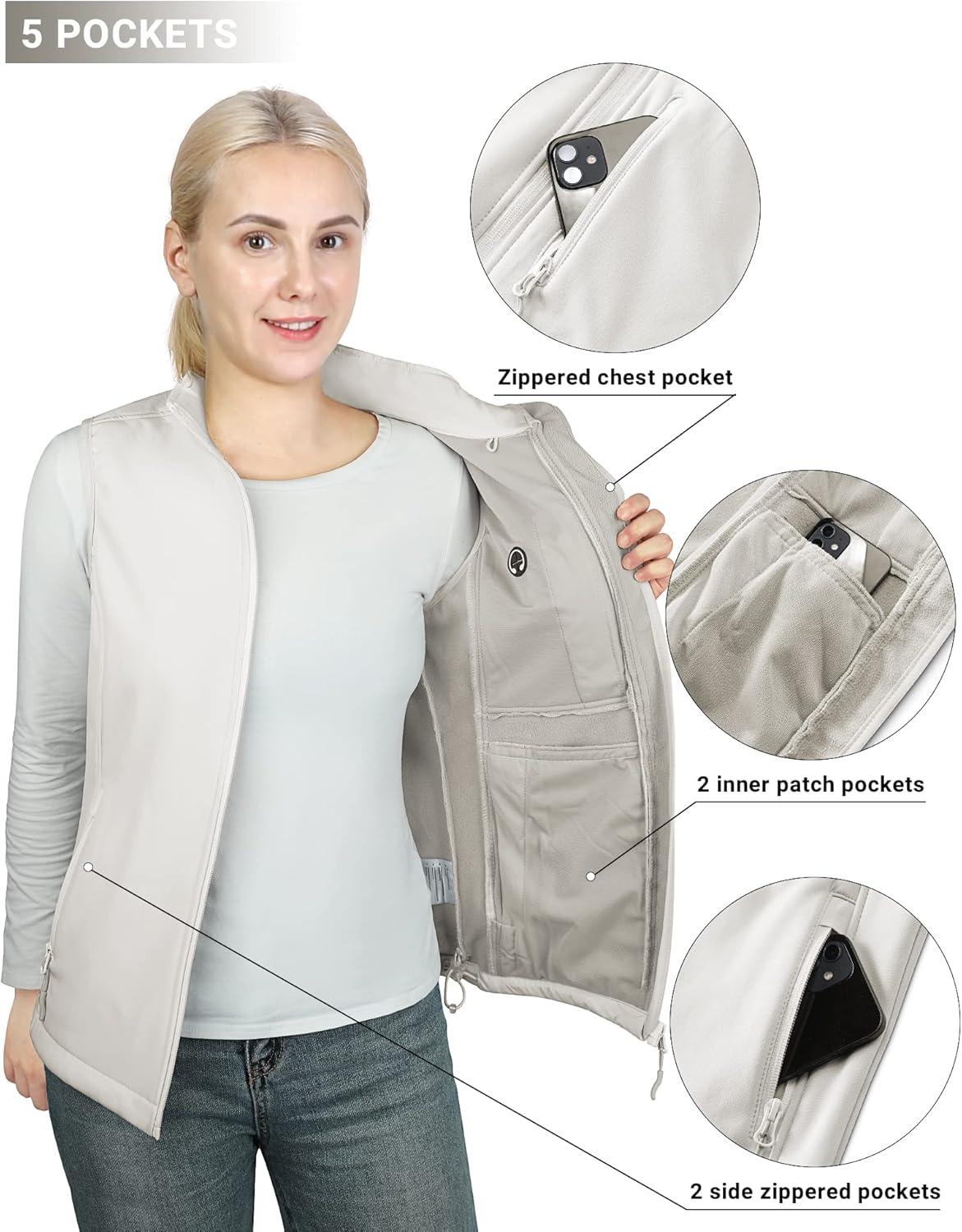 Outdoor Ventures Women’s Hooded Lightweight Softshell Vest, Windproof Fleece Lined Sleeveless Jacket for Golf Running Travel(Ivory)