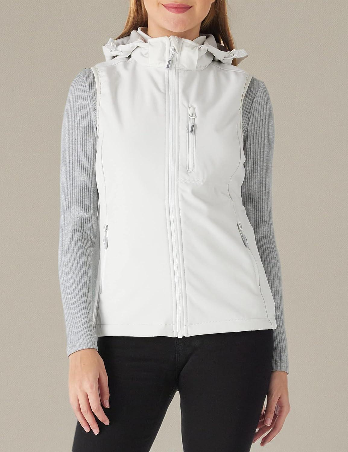 Outdoor Ventures Women’s Hooded Lightweight Softshell Vest, Windproof Fleece Lined Sleeveless Jacket for Golf Running Travel(Ivory)
