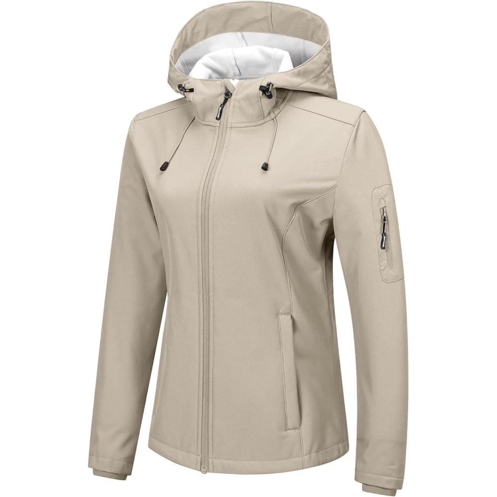 Outdoor Ventures Women’s Softshell Jacket with Hood Fleece Lined Warm Lightweight Waterproof Insulated Windbreaker(Light Khaki)