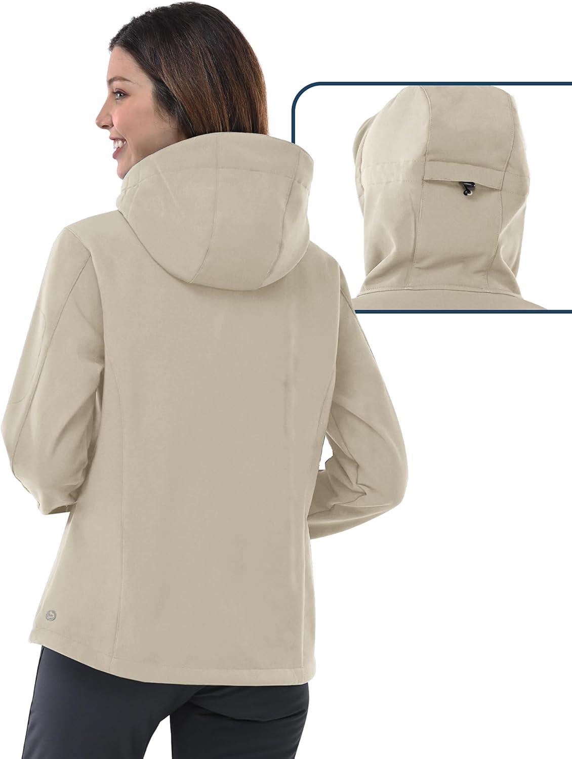 Outdoor Ventures Women’s Softshell Jacket with Hood Fleece Lined Warm Lightweight Waterproof Insulated Windbreaker(Light Khaki)