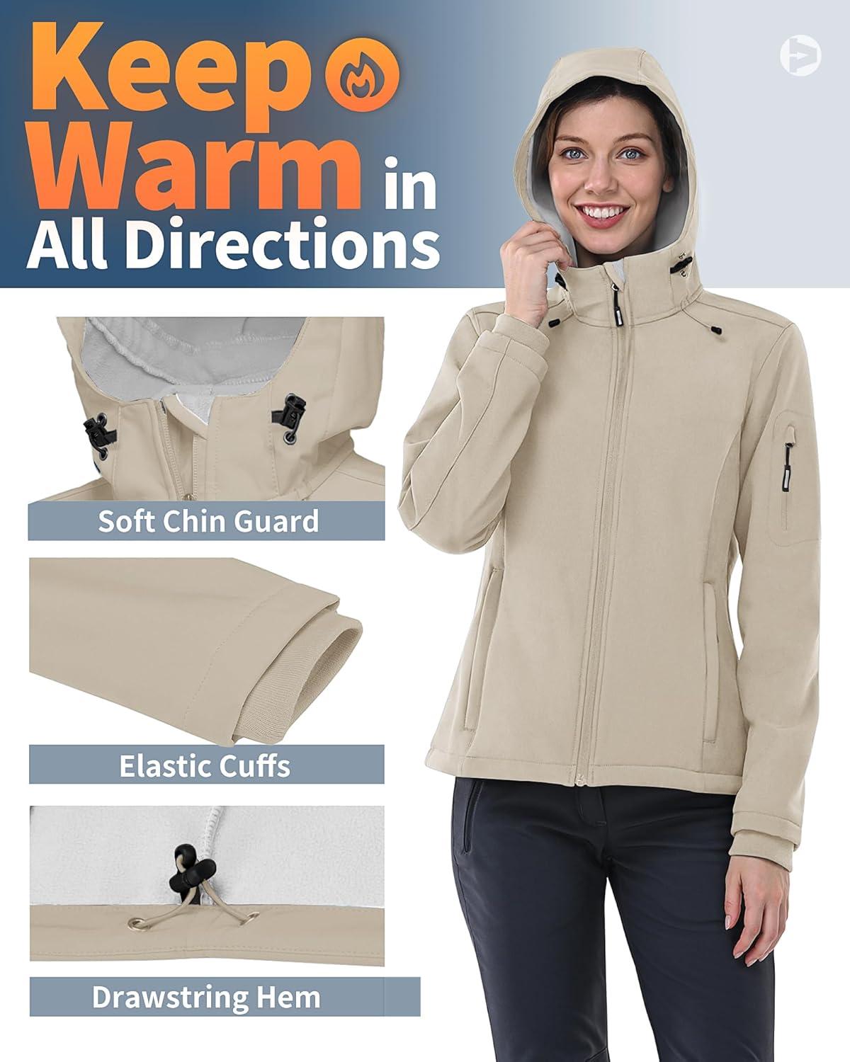 Outdoor Ventures Women’s Softshell Jacket with Hood Fleece Lined Warm Lightweight Waterproof Insulated Windbreaker(Light Khaki)