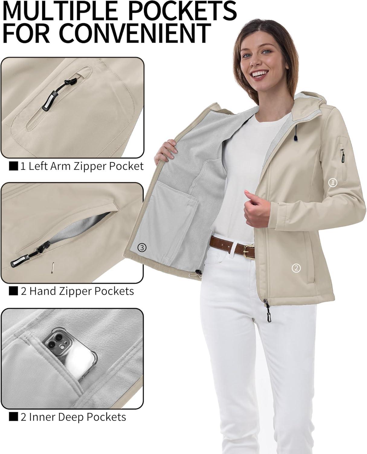 Outdoor Ventures Women’s Softshell Jacket with Hood Fleece Lined Warm Lightweight Waterproof Insulated Windbreaker(Light Khaki)