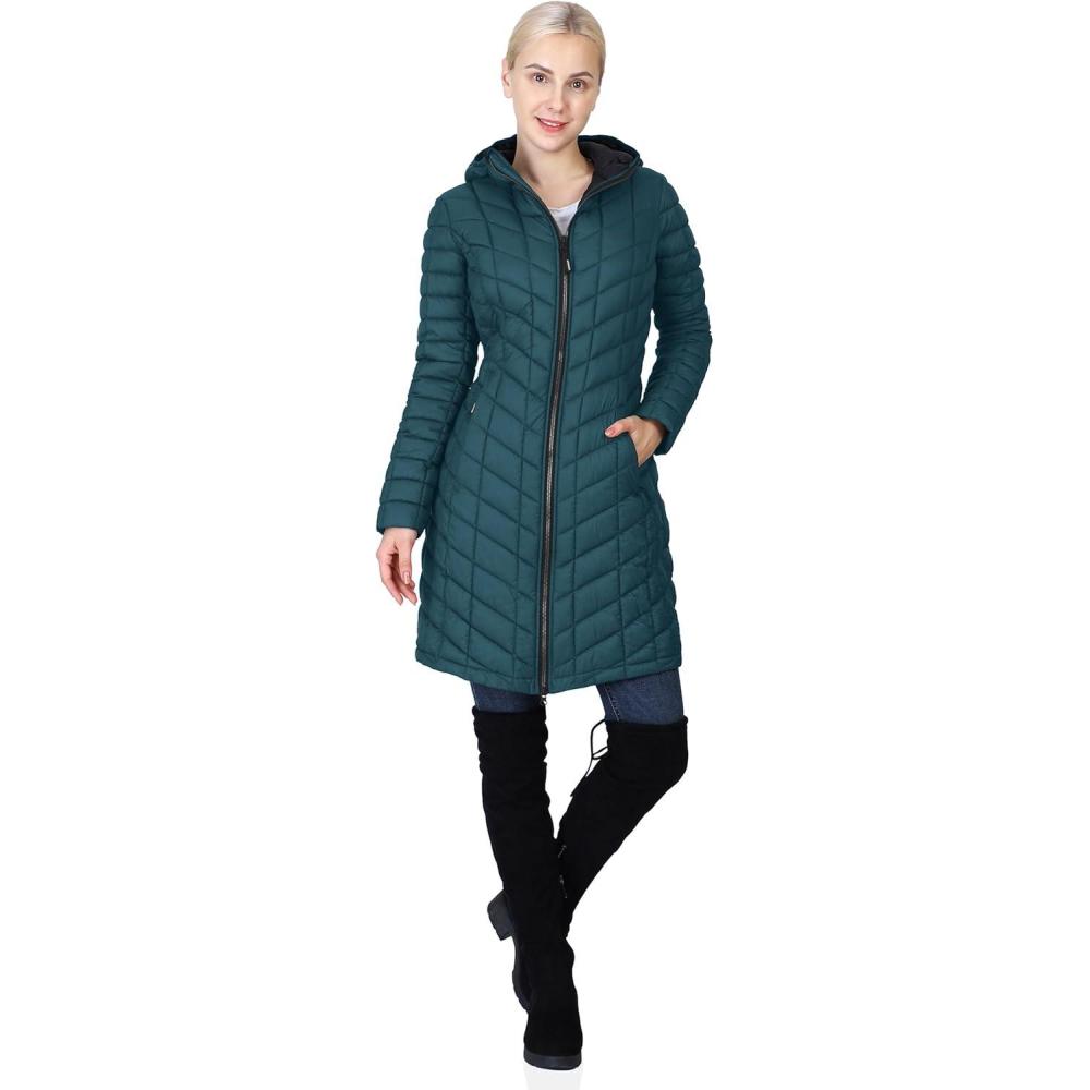 Outdoor Ventures Women’s Maryan Hooded Ultra Lightweight Warm Thermolite Long Puffer Coat(Teal(matte)-avg.36″ Long Length)