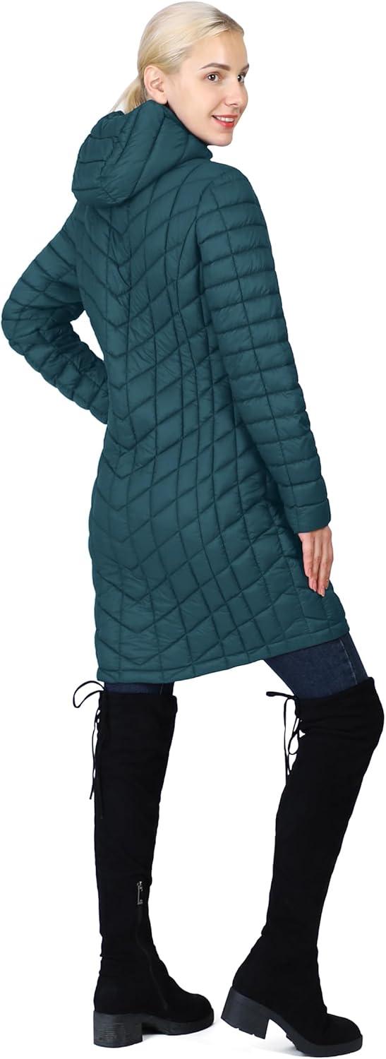 Outdoor Ventures Women’s Maryan Hooded Ultra Lightweight Warm Thermolite Long Puffer Coat(Teal(matte)-avg.36″ Long Length)