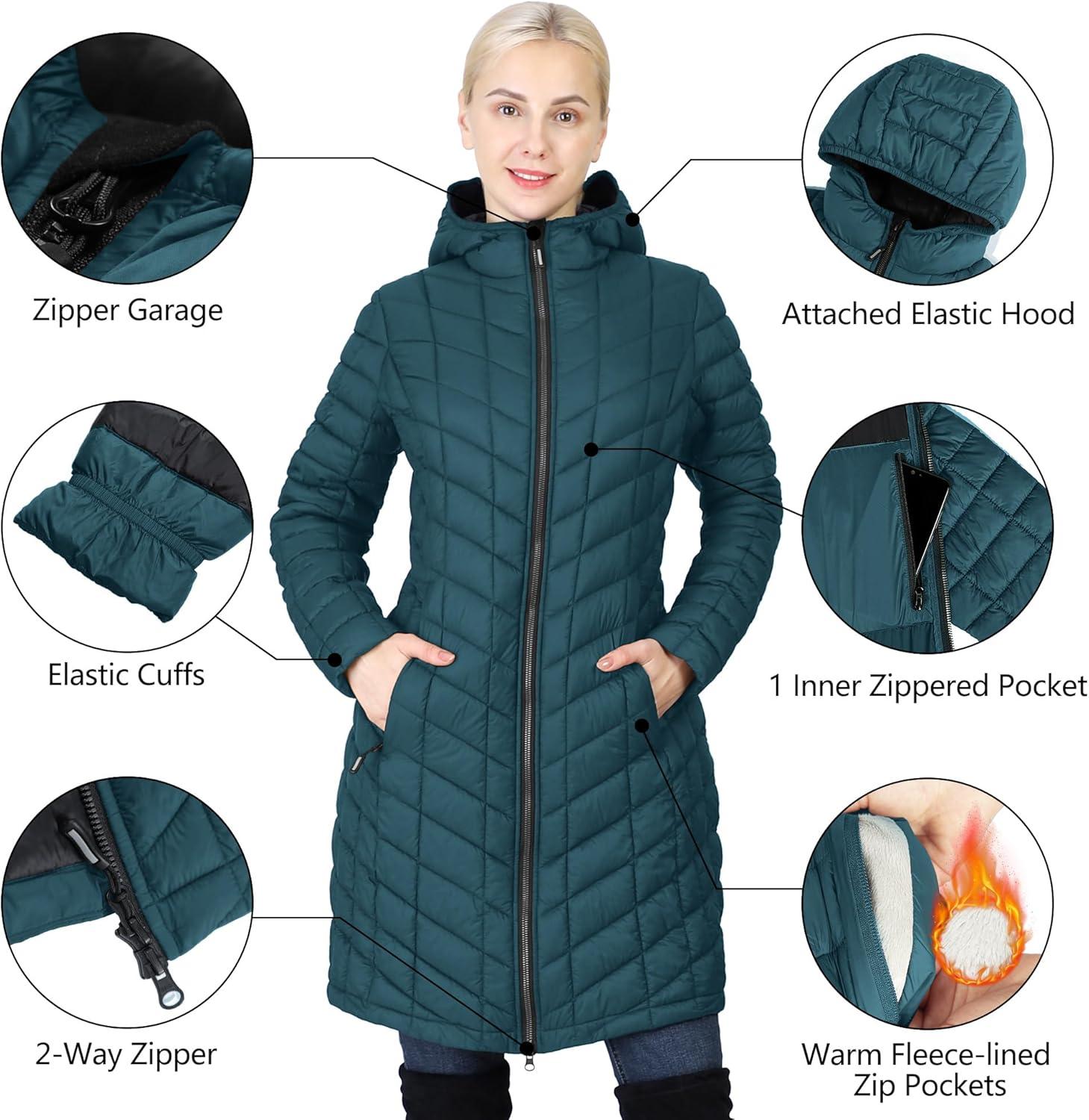 Outdoor Ventures Women’s Maryan Hooded Ultra Lightweight Warm Thermolite Long Puffer Coat(Teal(matte)-avg.36″ Long Length)