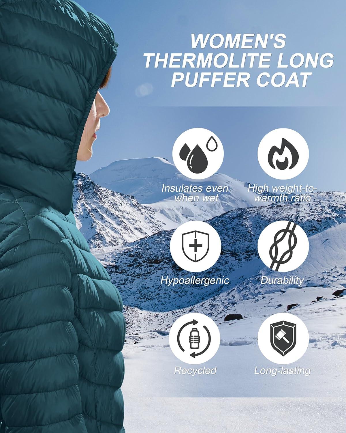 Outdoor Ventures Women’s Maryan Hooded Ultra Lightweight Warm Thermolite Long Puffer Coat(Teal(matte)-avg.36″ Long Length)