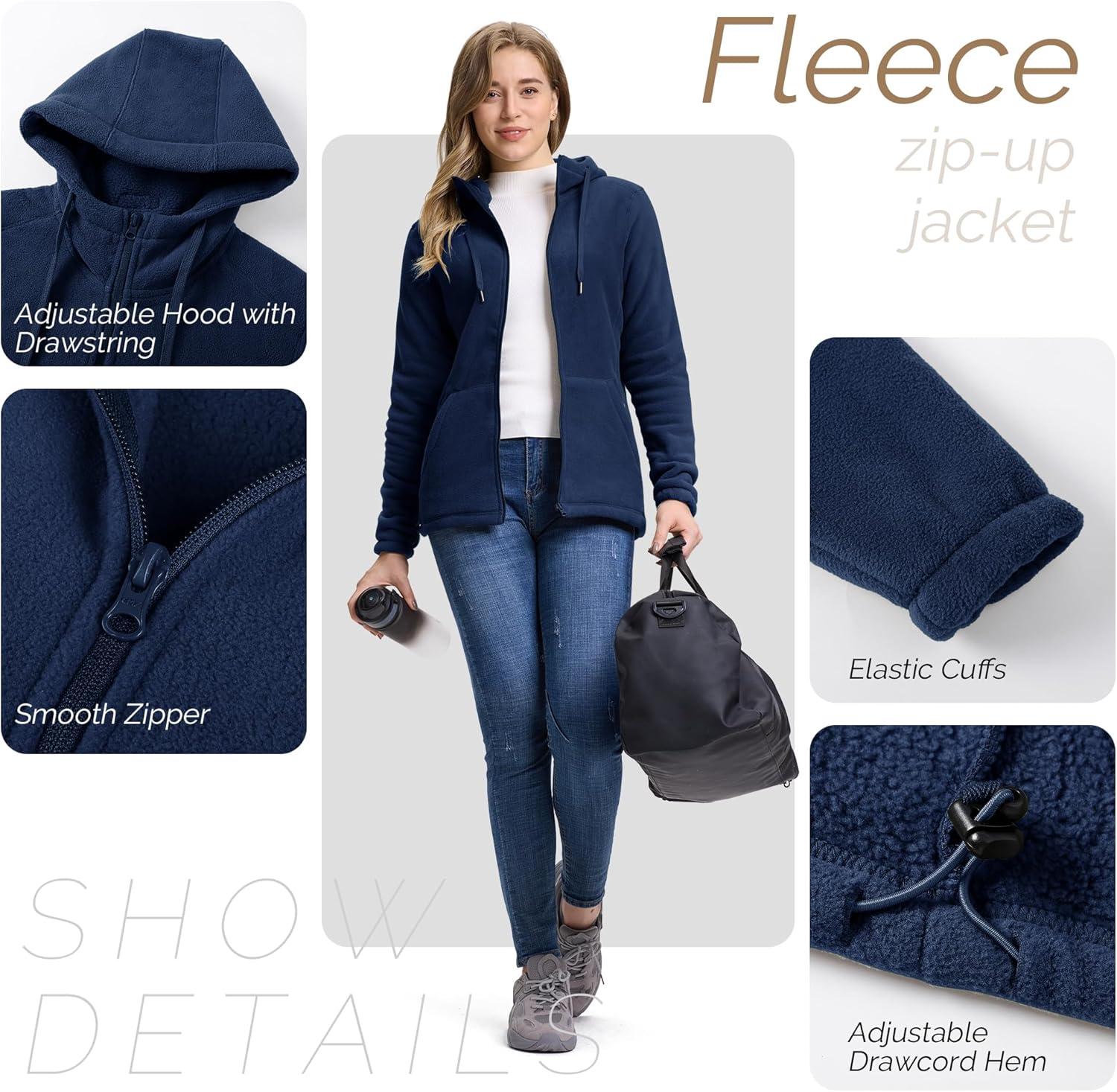 Outdoor Ventures Women’s Full Zip Hooded Fleece Jacket Coat with 6 Pockets, Warm Soft Polar Fleece Casual Hoodie Sweatshirt(Navy)