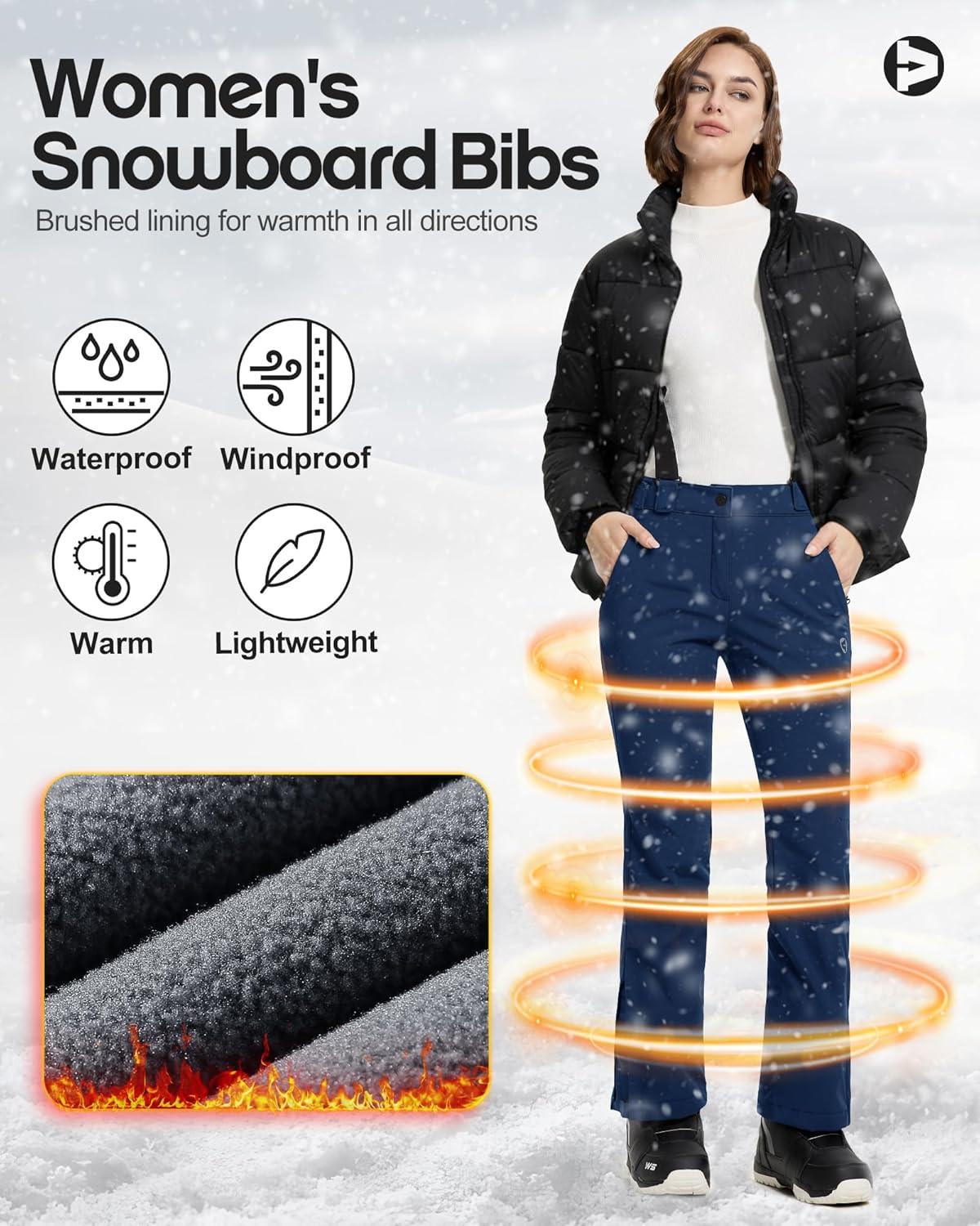Outdoor Ventures Women’s Ski Snow Bib Pants Warm Insulated Waterproof Snowboard Softshell Pants with Detachable Bib(Navy Blue)