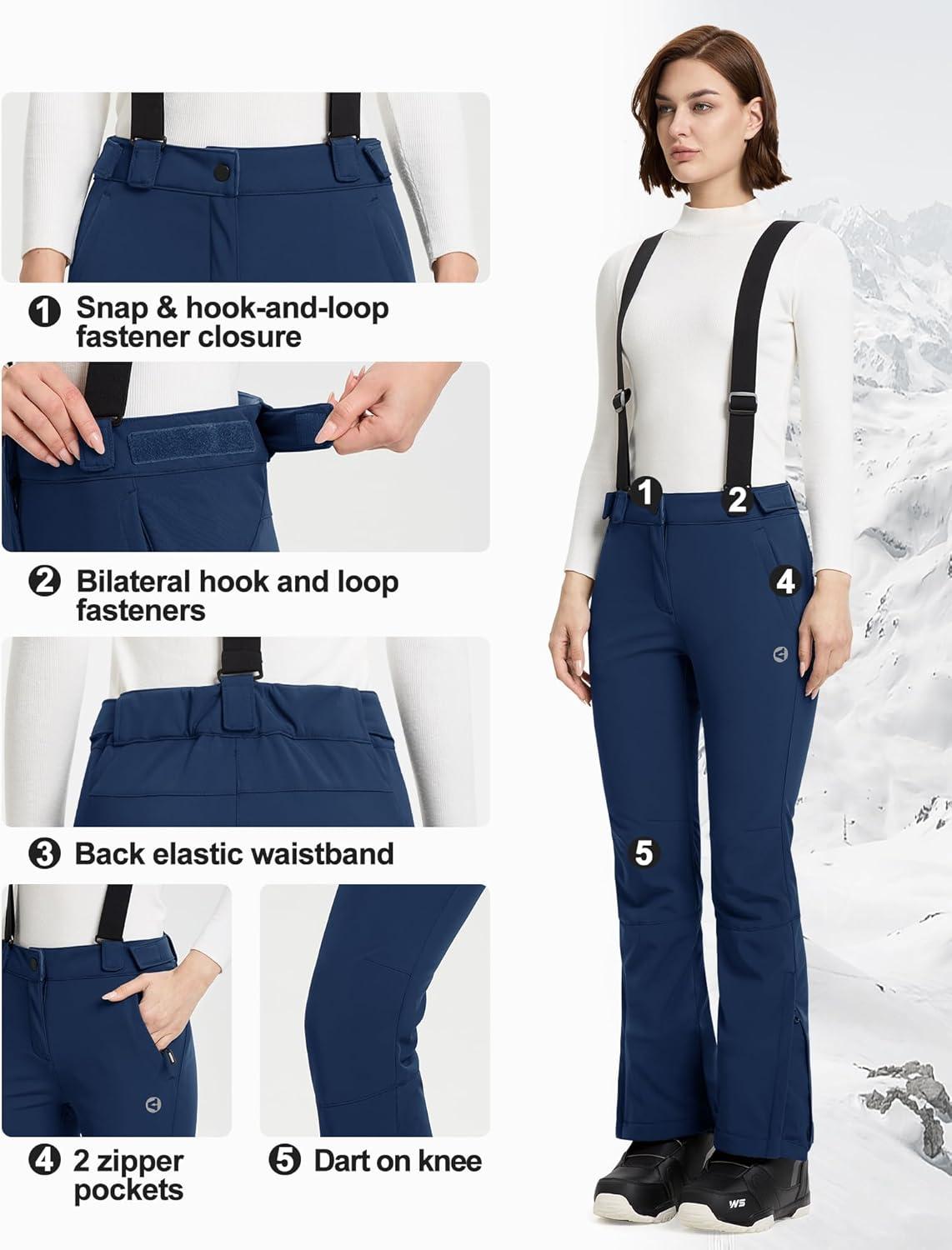 Outdoor Ventures Women’s Ski Snow Bib Pants Warm Insulated Waterproof Snowboard Softshell Pants with Detachable Bib(Navy Blue)