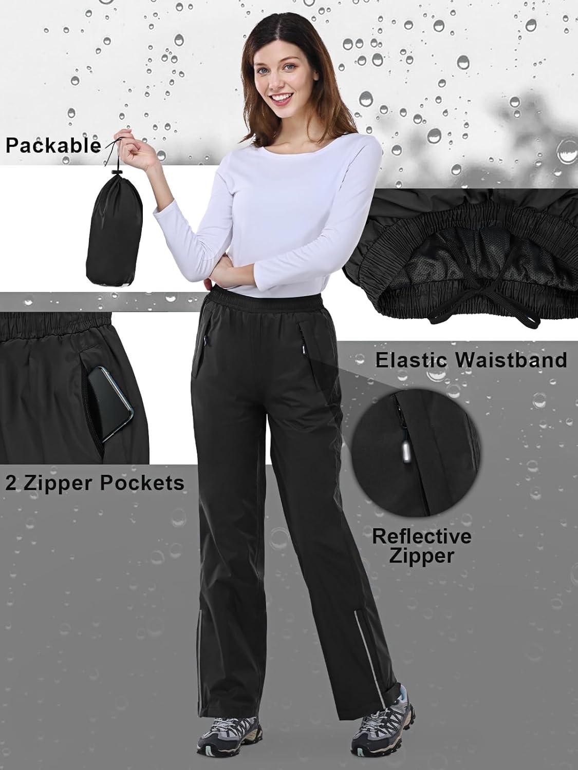Outdoor Ventures Women’s Rain Pants Packable Waterproof Hiking Pants Windproof Breathable Outdoor Rain Over Pants(Black)
