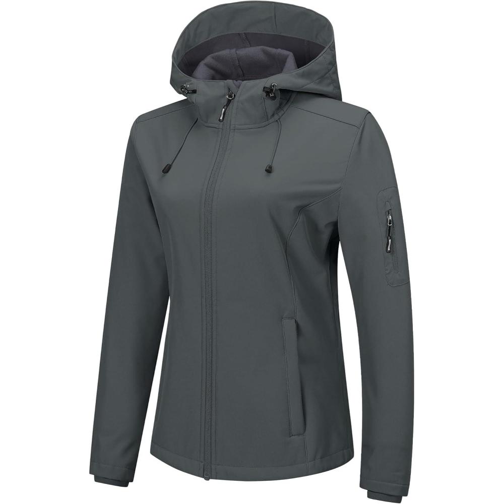 Outdoor Ventures Women’s Softshell Jacket with Hood Fleece Lined Warm Lightweight Waterproof Insulated Windbreaker(Light Grey)