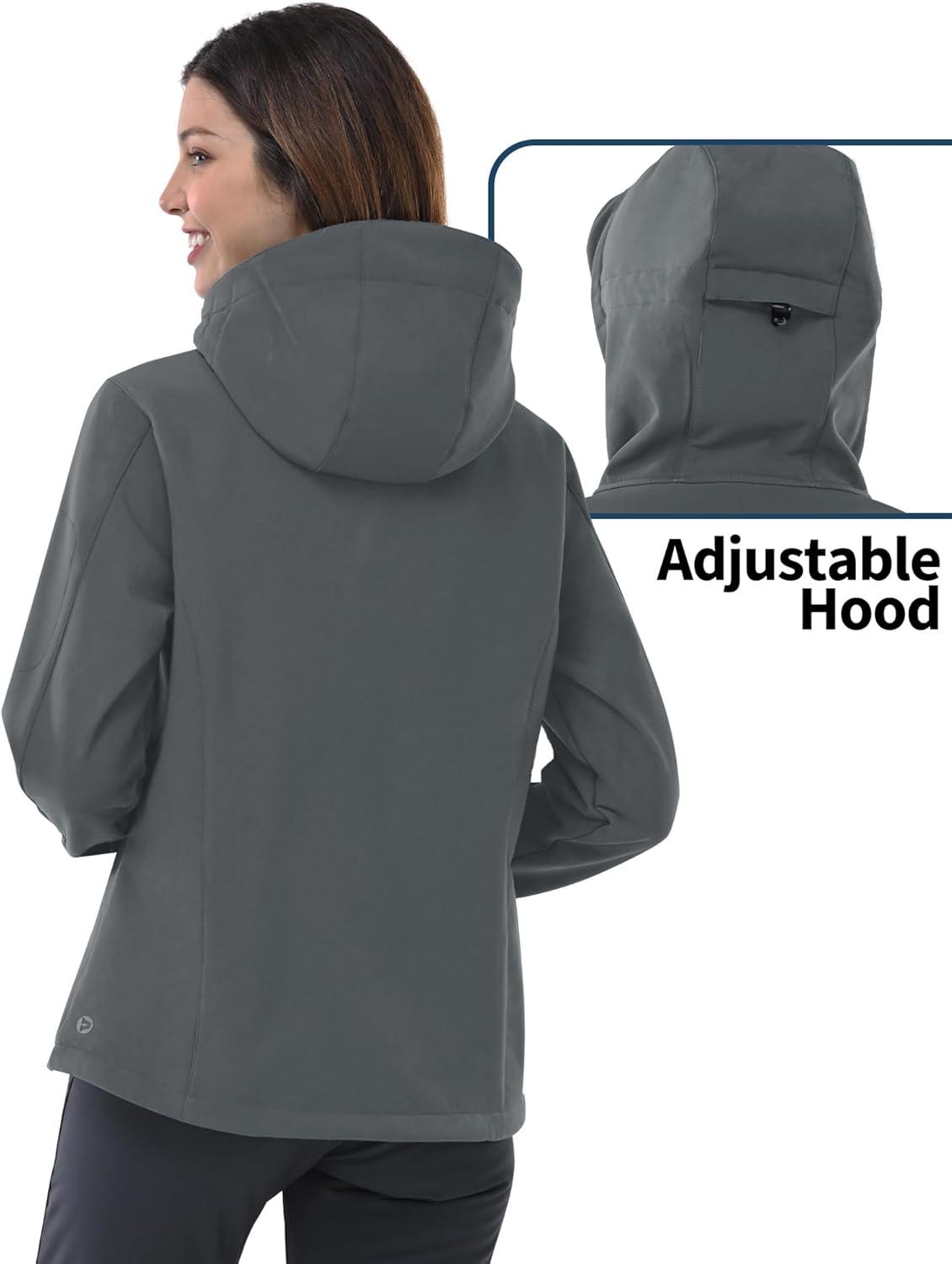 Outdoor Ventures Women’s Softshell Jacket with Hood Fleece Lined Warm Lightweight Waterproof Insulated Windbreaker(Light Grey)