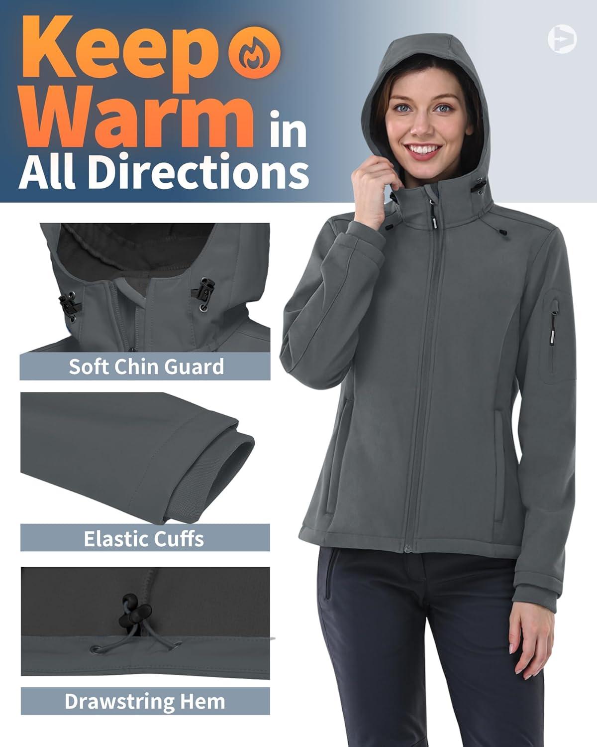 Outdoor Ventures Women’s Softshell Jacket with Hood Fleece Lined Warm Lightweight Waterproof Insulated Windbreaker(Light Grey)