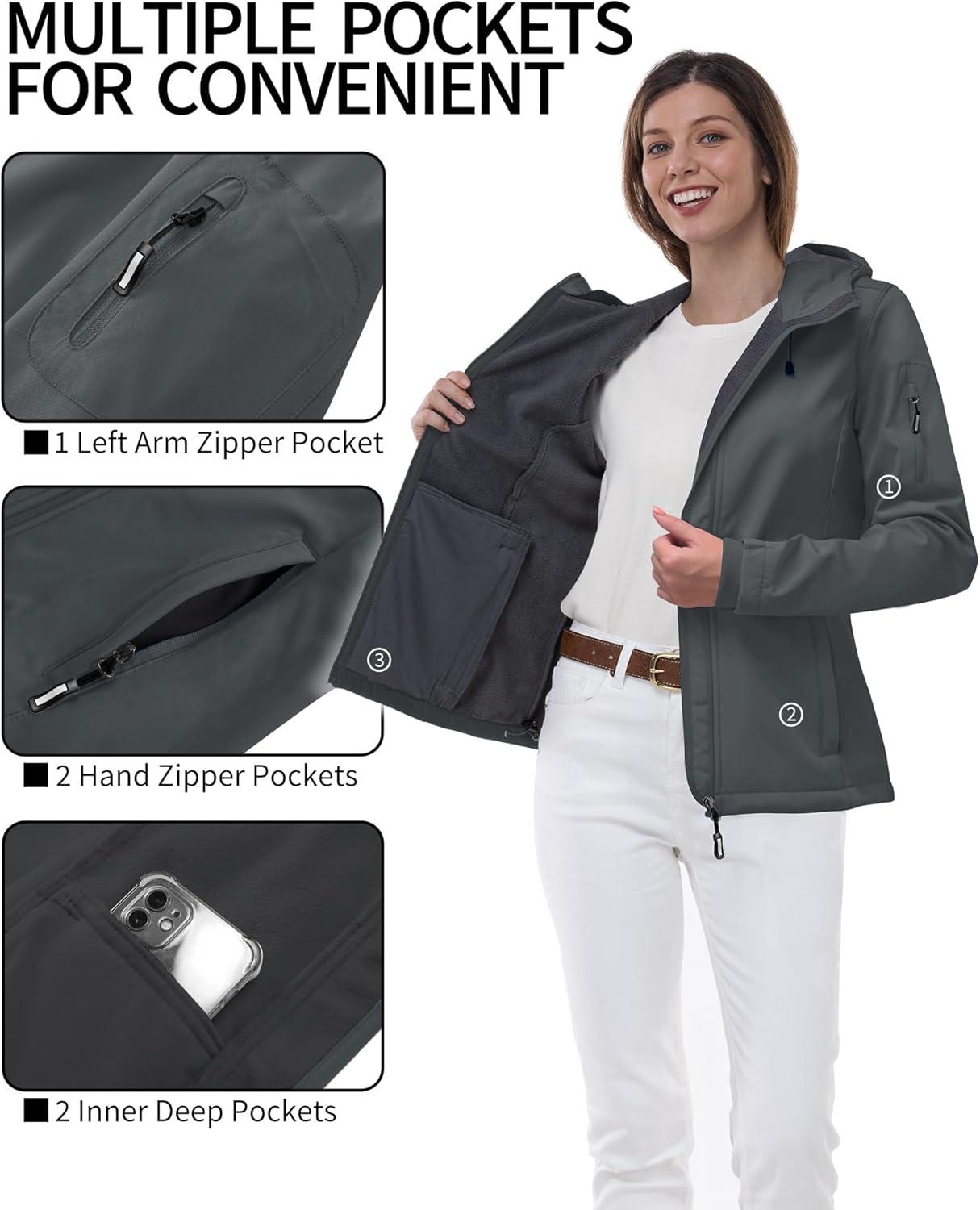 Outdoor Ventures Women’s Softshell Jacket with Hood Fleece Lined Warm Lightweight Waterproof Insulated Windbreaker(Light Grey)