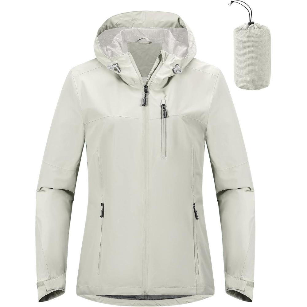 Outdoor Ventures Packable Rain Jacket Women Lightweight Waterproof Raincoat with Hood Cycling Bike Jacket(Ice Grey)