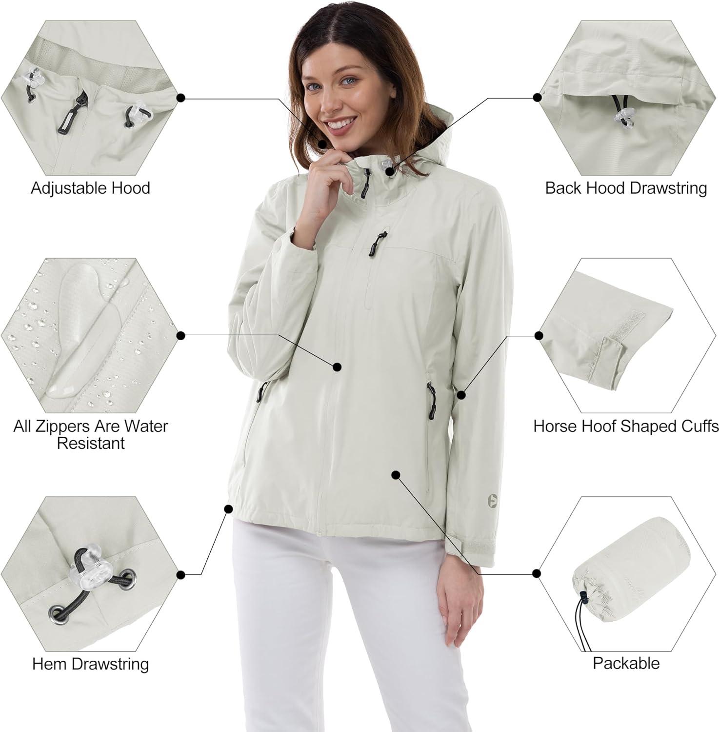 Outdoor Ventures Packable Rain Jacket Women Lightweight Waterproof Raincoat with Hood Cycling Bike Jacket(Ice Grey)