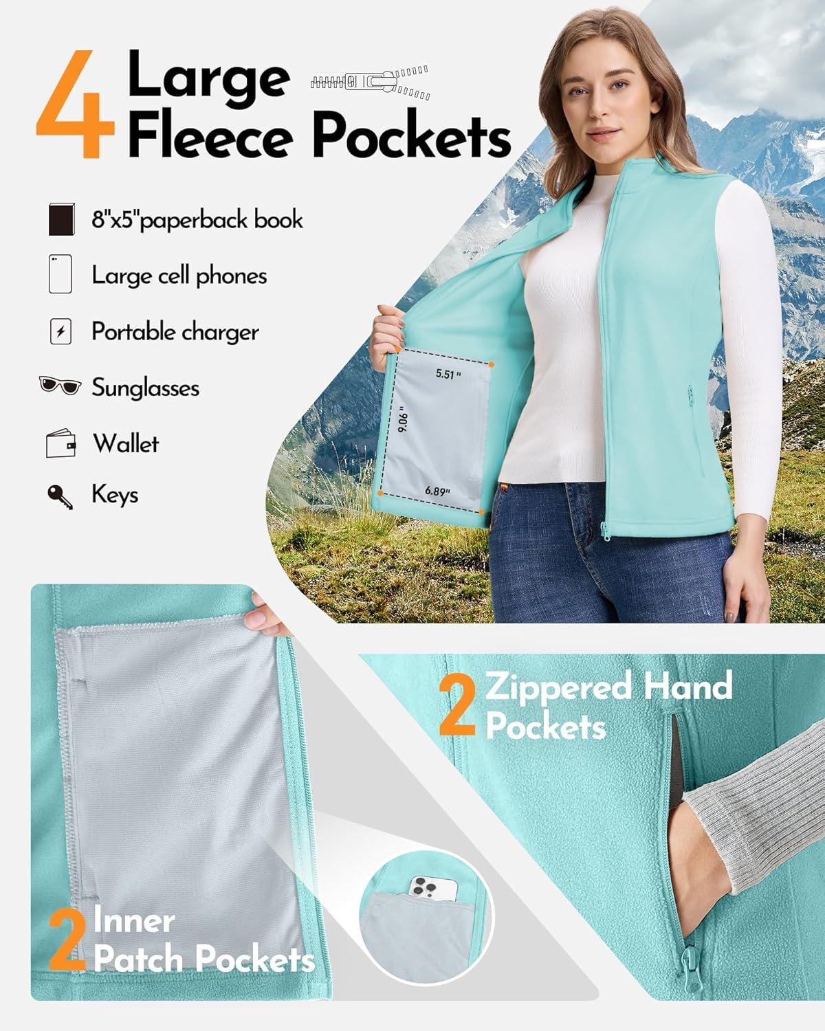 Outdoor Ventures Women’s Fleece Vest, Zip Up Lightweight Soft Running Vest Outerwear Sleeveless with Pockets(Mint Green)