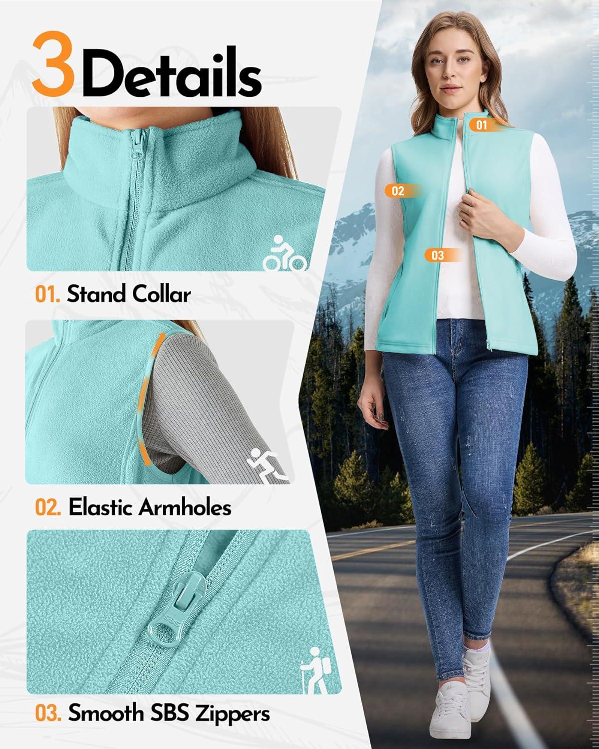 Outdoor Ventures Women’s Fleece Vest, Zip Up Lightweight Soft Running Vest Outerwear Sleeveless with Pockets(Mint Green)